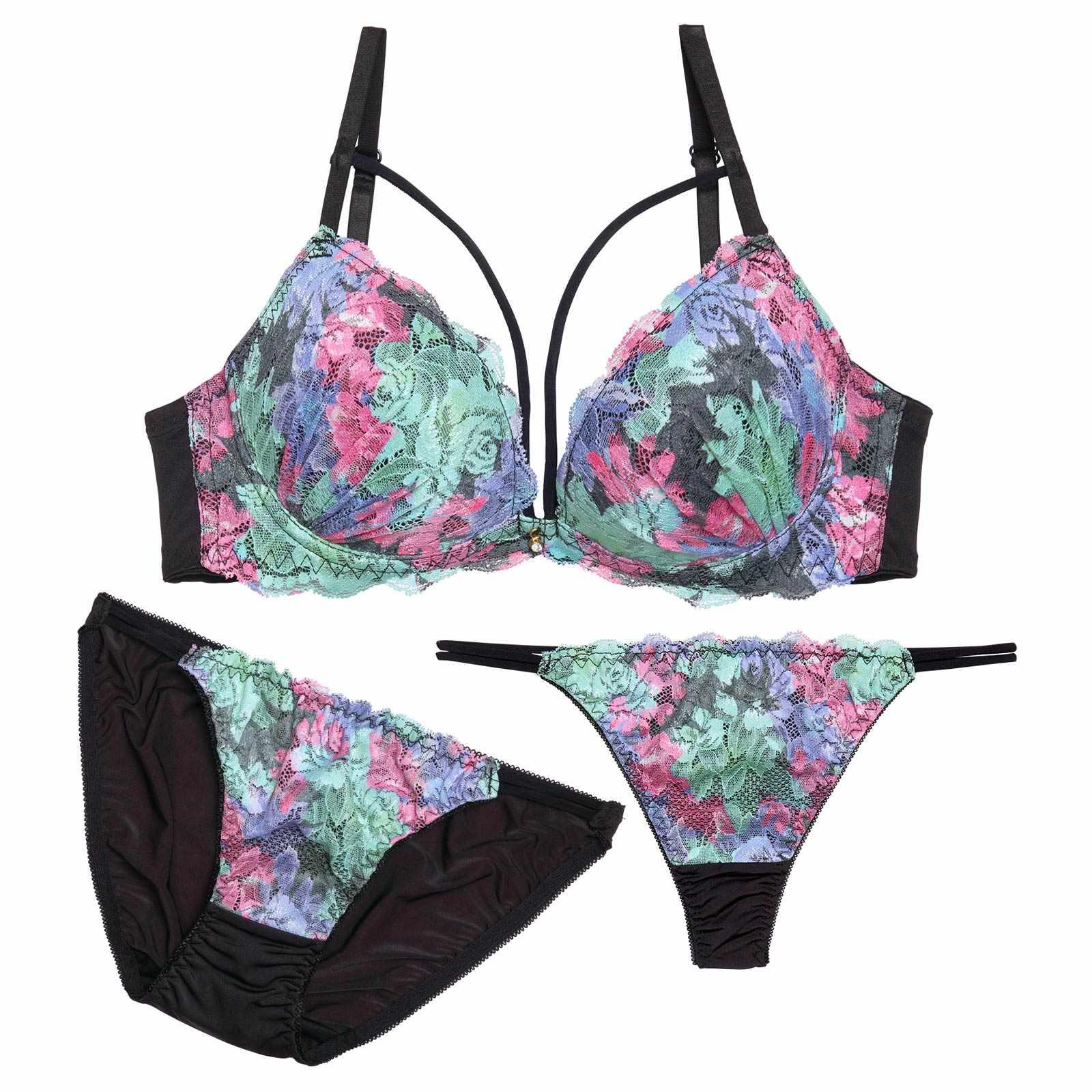 【3点セット】ビビットブロッサムコードブラジャー&フルバック&Tバックショーツ - 【公式】247Lingerie