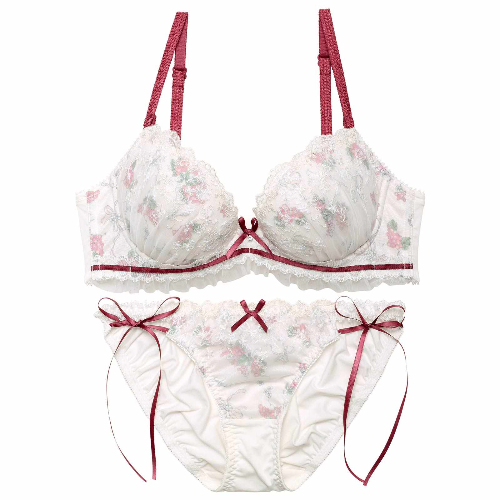 ラズベリーリボンチュールブラジャー&フルバックショーツ