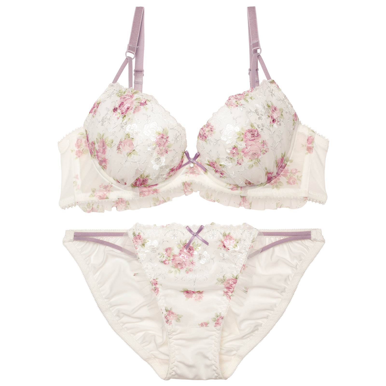 水彩フラワーストリングチュールブラジャー&フルバックショーツ