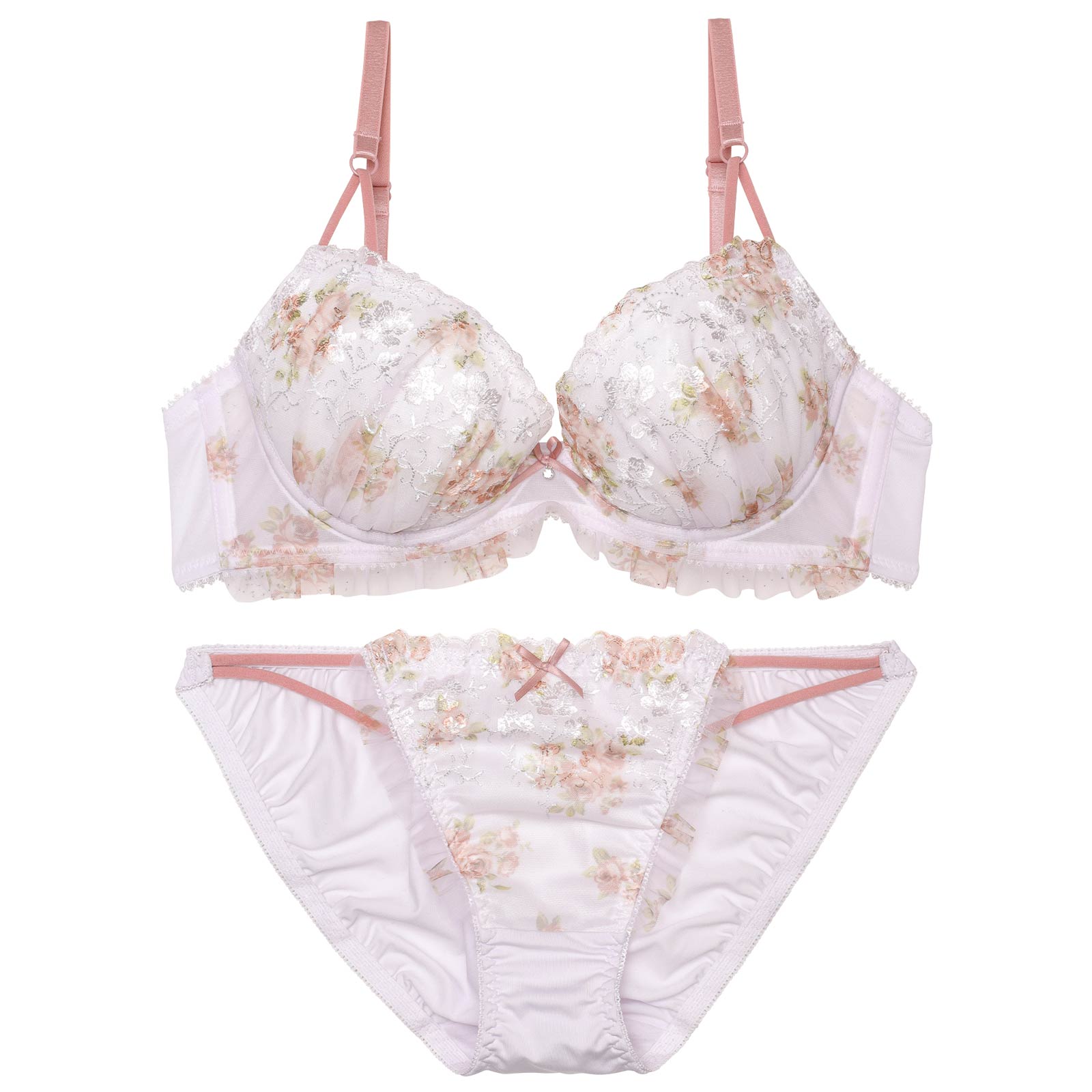 水彩フラワーストリングチュールブラジャー&フルバックショーツ