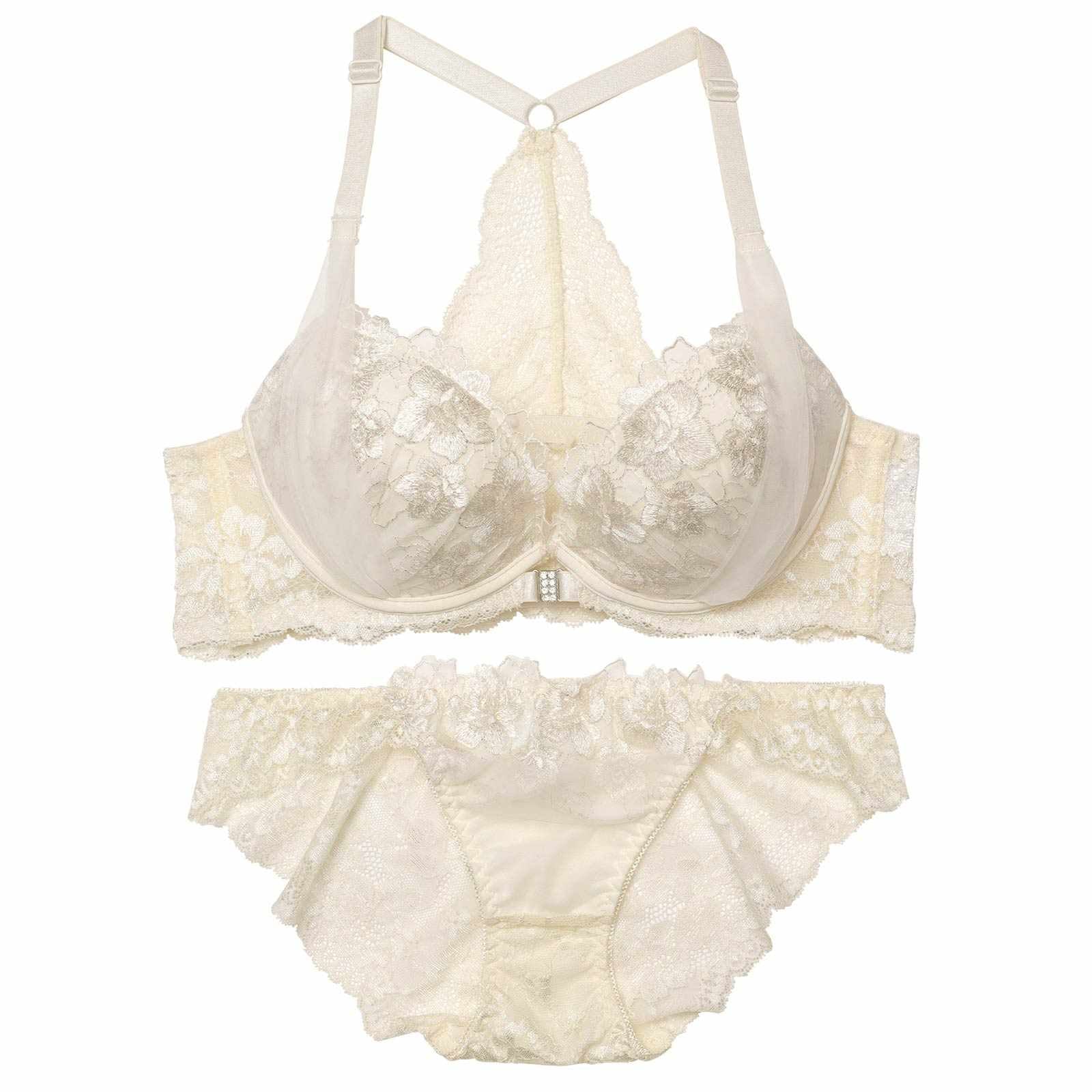 ゴージャスフラワーチュールフロントホックブラジャー&バック透けフルバックショーツ