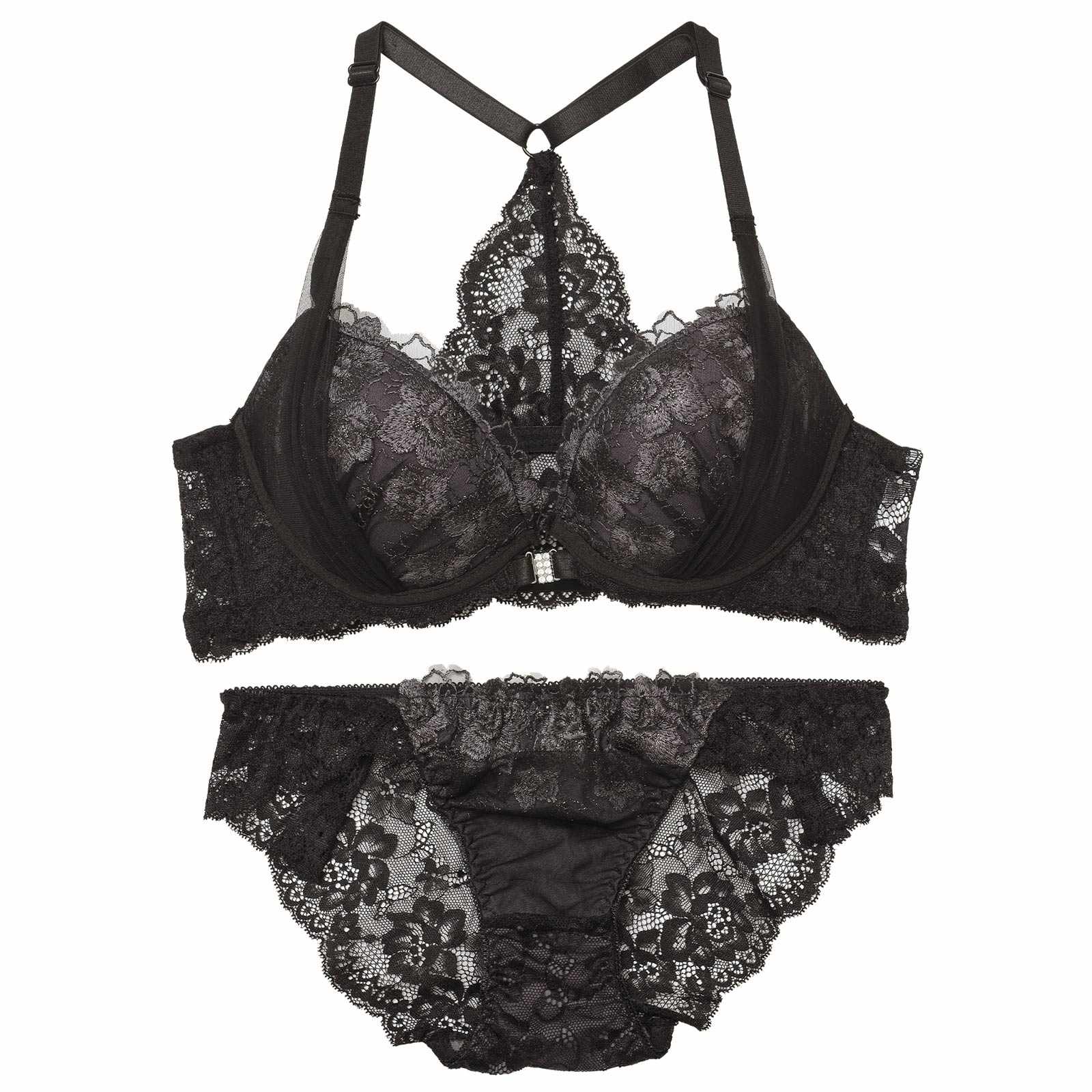 ゴージャスフラワーチュールフロントホックブラジャー&バック透けフルバックショーツ
