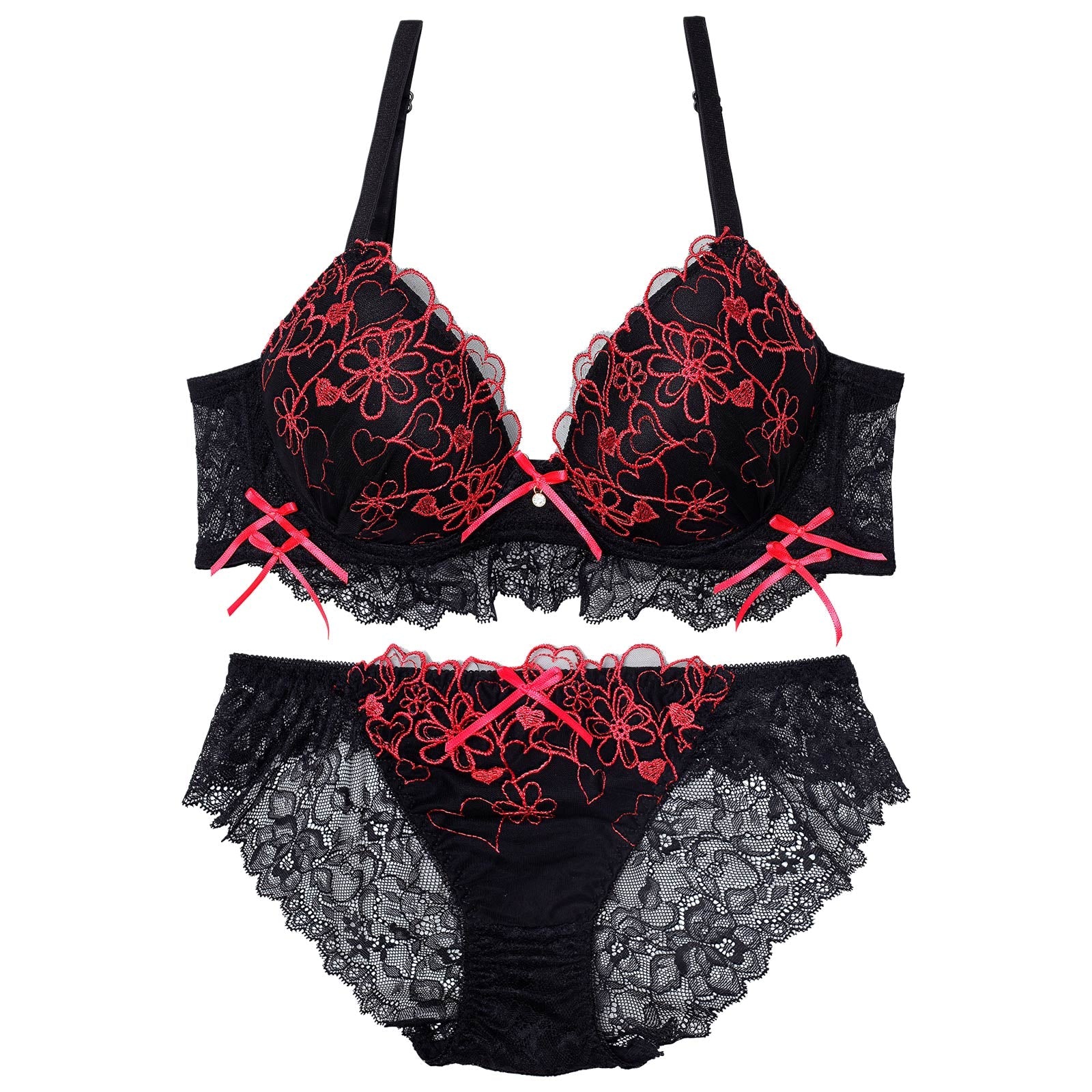 ダブルリボンメロウハート育乳脇高ブラジャー&バック透けフルバックショーツ