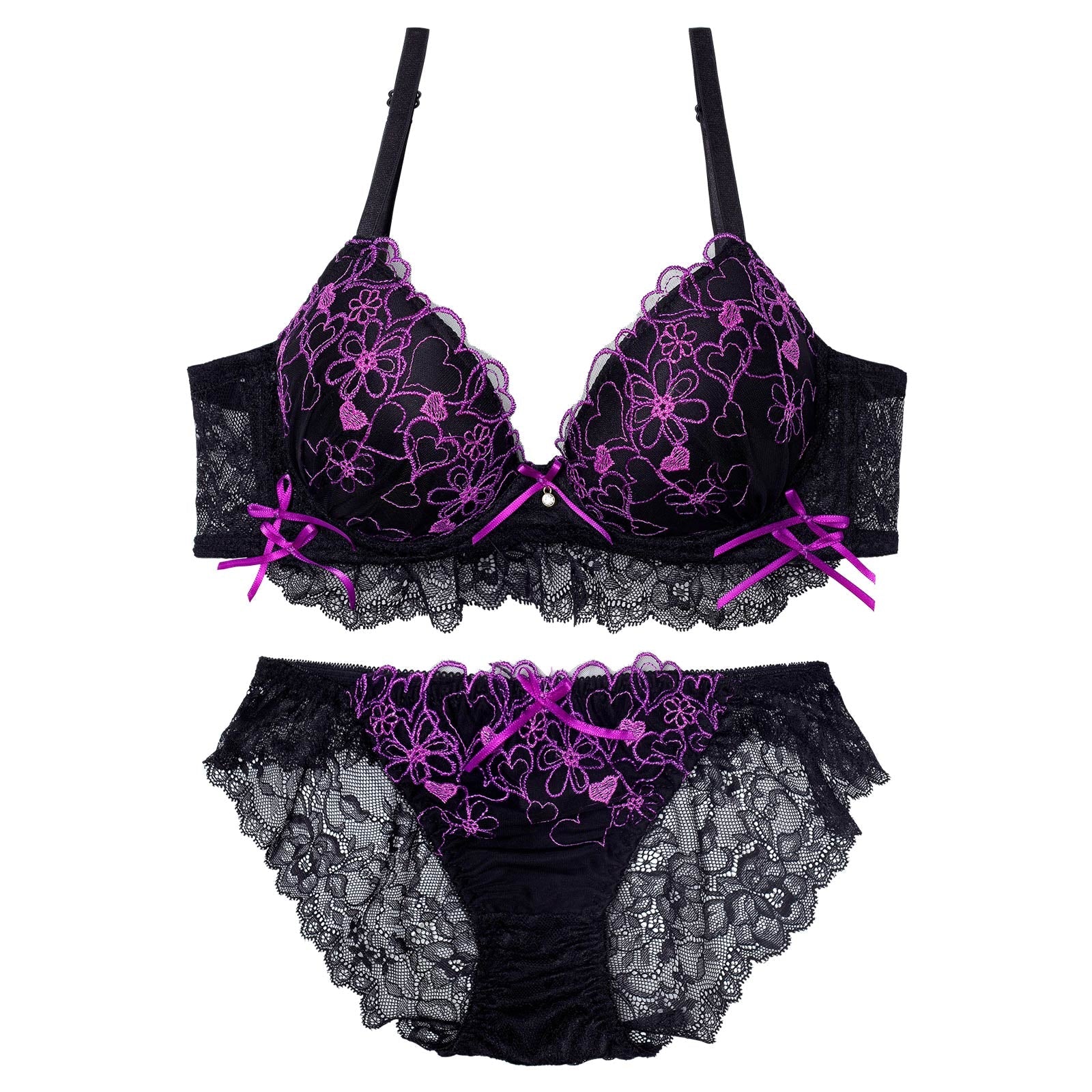 ダブルリボンメロウハート育乳脇高ブラジャー&バック透けフルバックショーツ