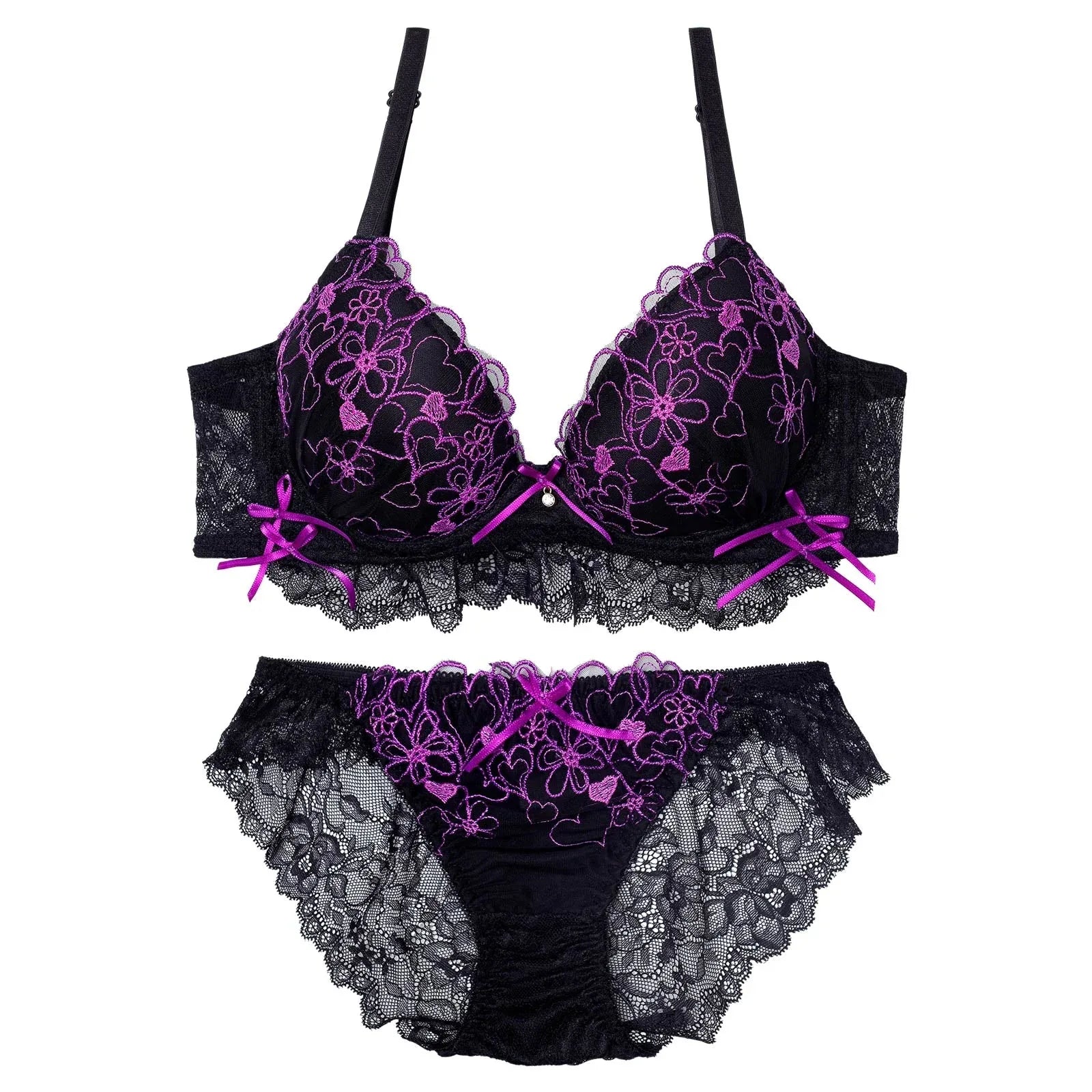 4/17再販!ダブルリボンメロウハート育乳脇高ブラジャー&バック透けフルバックショーツ