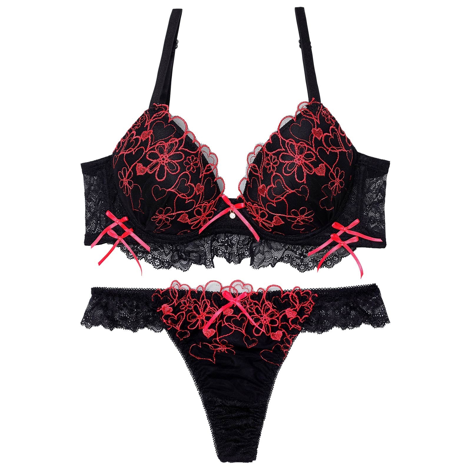 1/10再販!ダブルリボンメロウハート育乳脇高ブラジャー&バック透けTバックショーツ