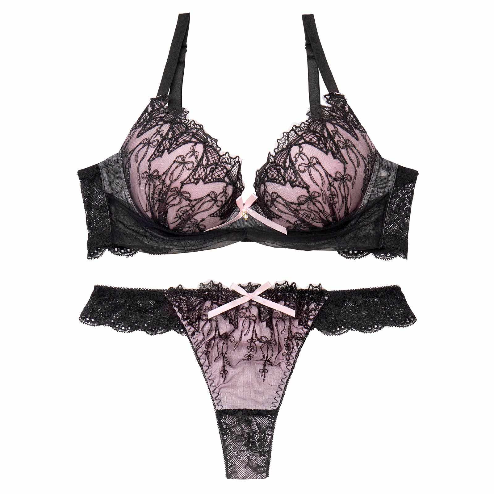 4/27新作!ノクターンリボンレース育乳脇高ブラジャー&バック透けTバックショーツ