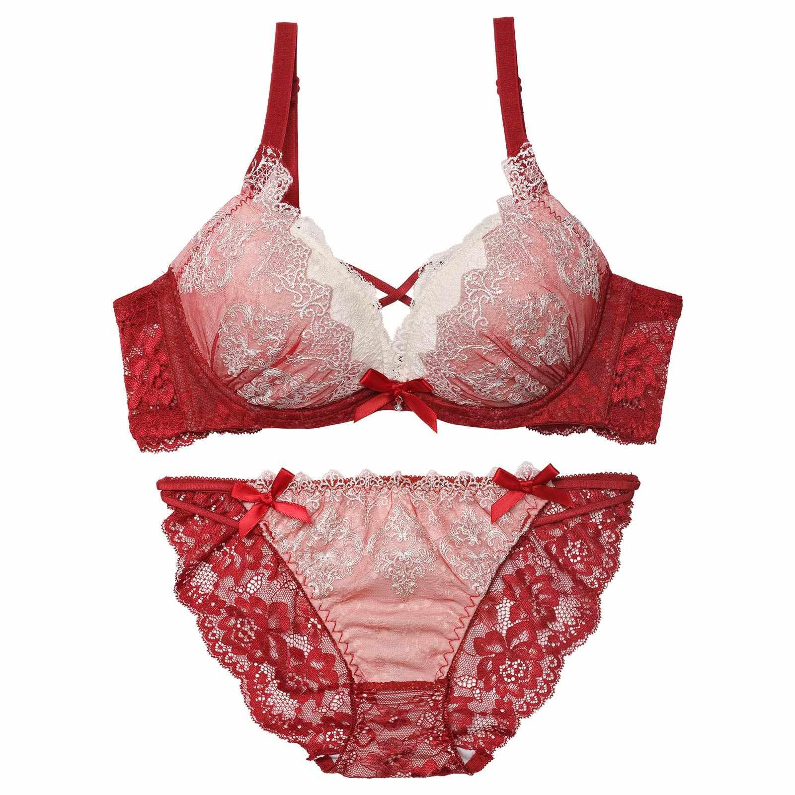 2/10再販!エレガントエンブロイダリー育乳脇高ブラジャー&バック透けフルバックショーツ