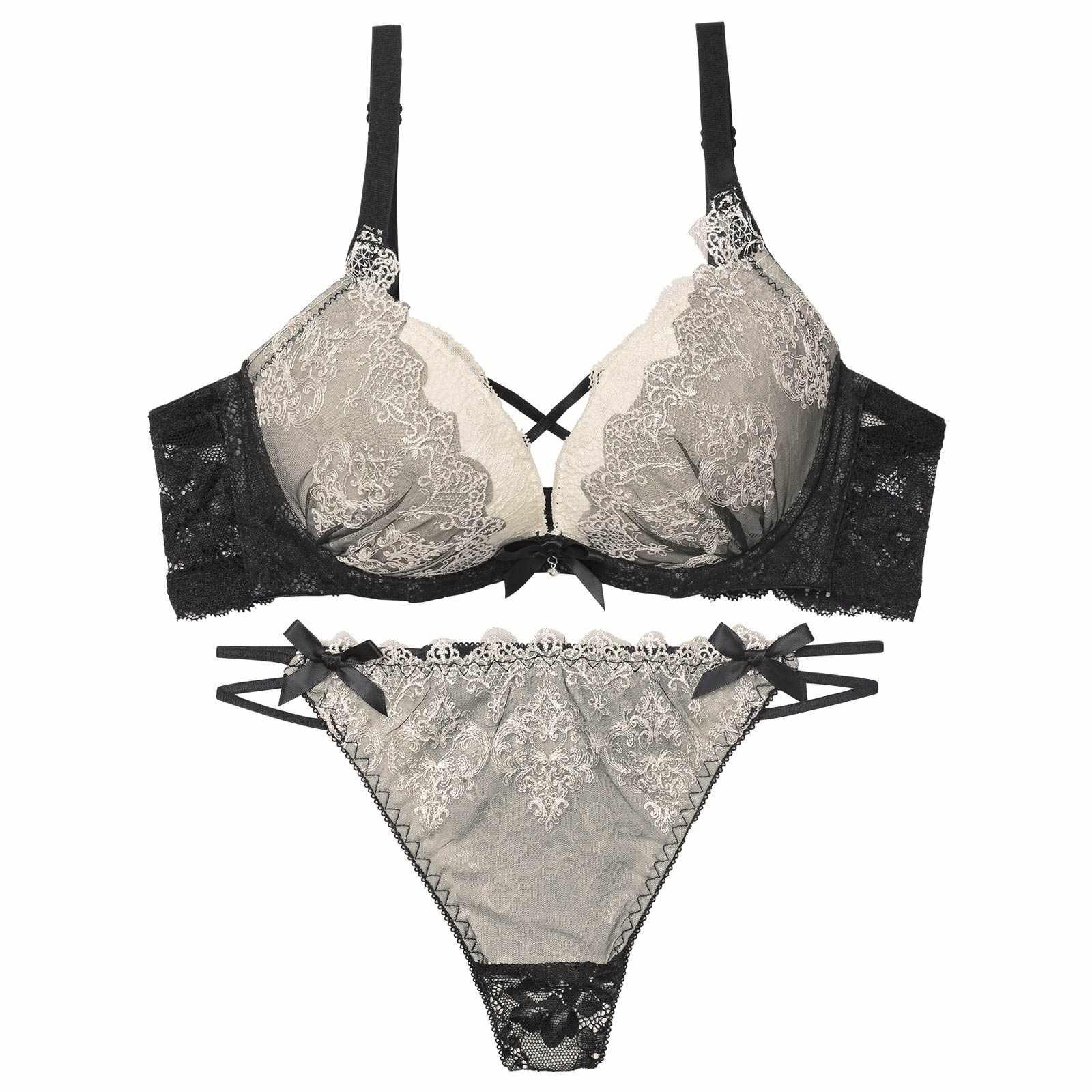 2/10再販!エレガントエンブロイダリー育乳脇高ブラジャー&バック透けTバックショーツ