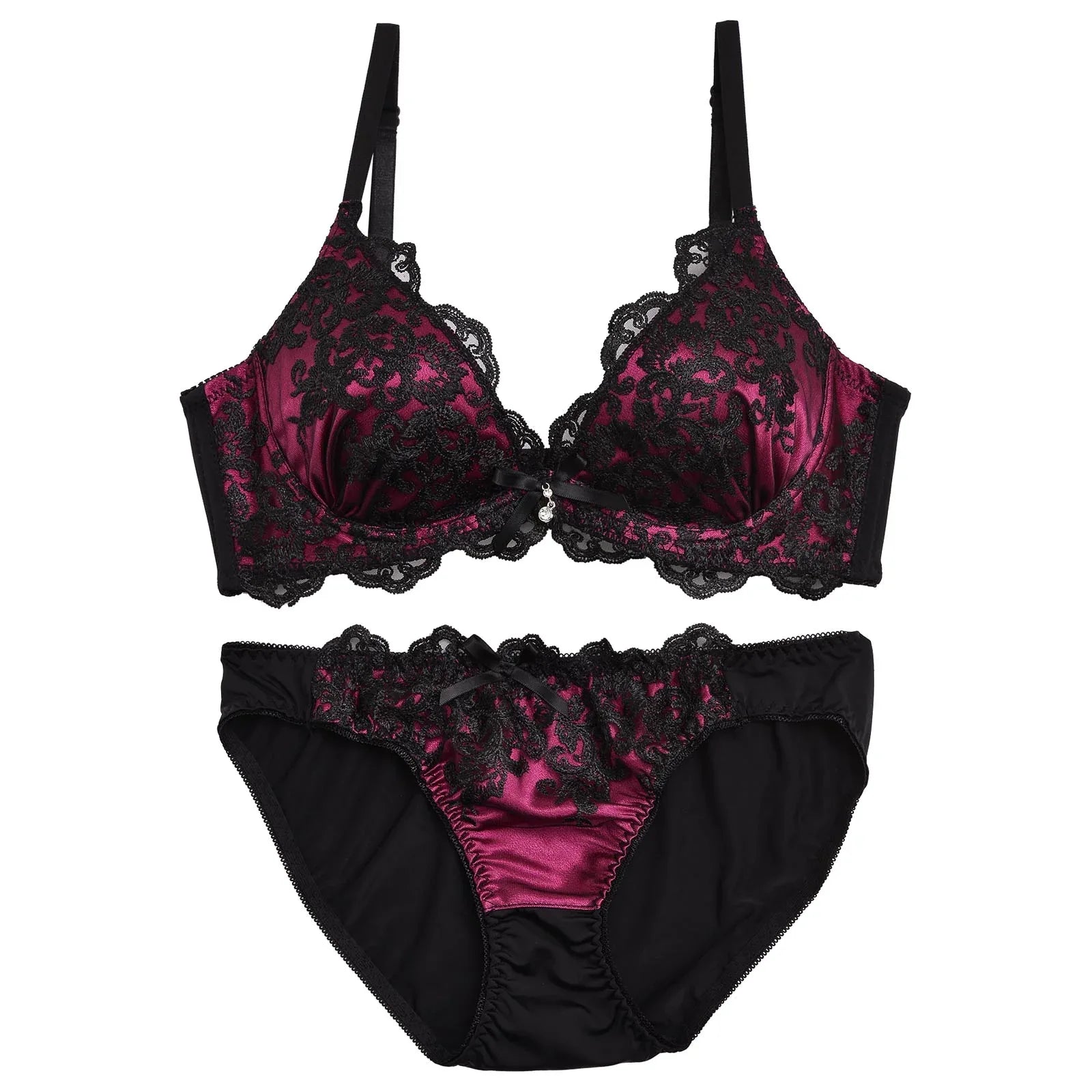 【EFサイズ】ダマスクサテンレース育乳脇高ブラジャー&フルバックショーツ - 【公式】247Lingerie