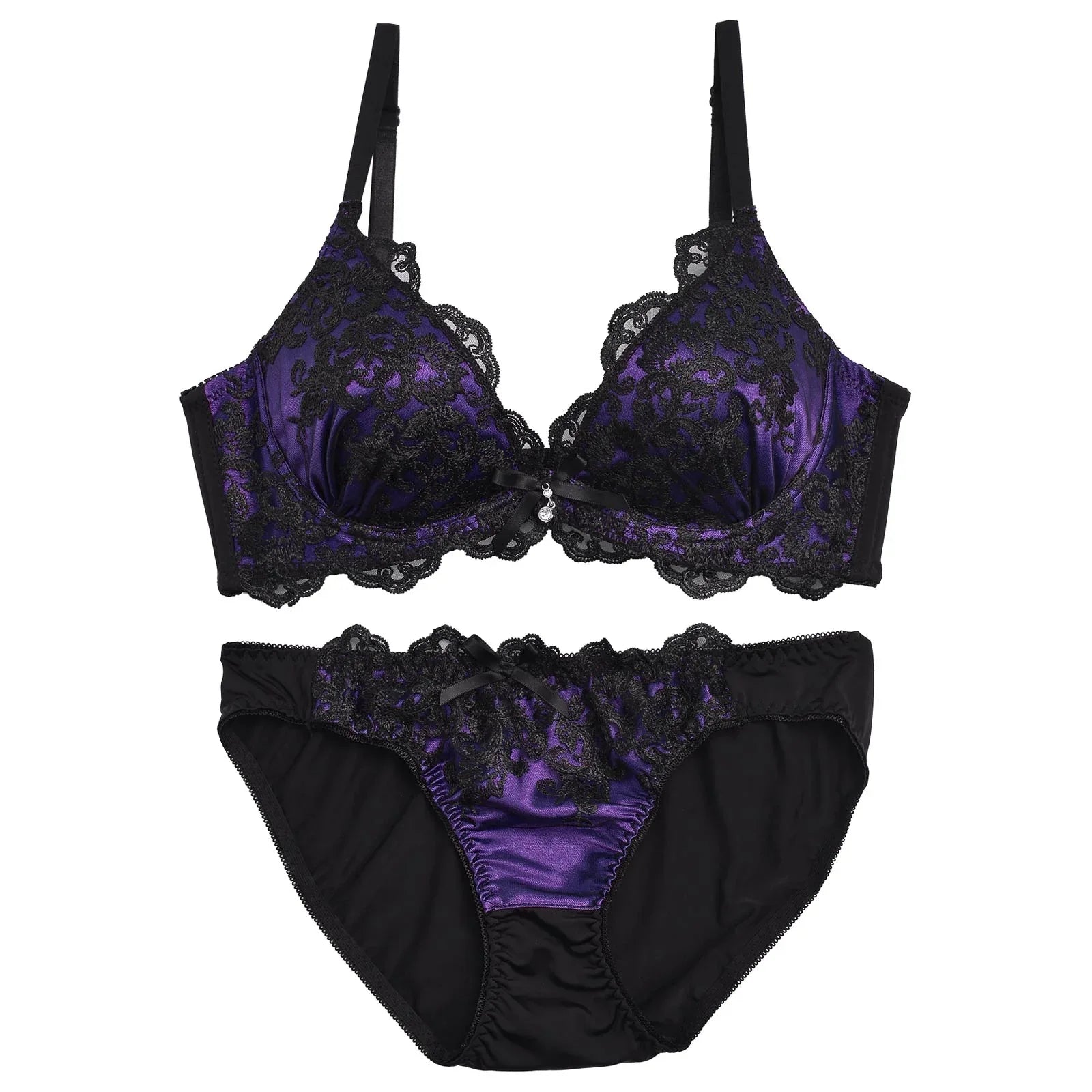 【EFサイズ】ダマスクサテンレース育乳脇高ブラジャー&フルバックショーツ - 【公式】247Lingerie