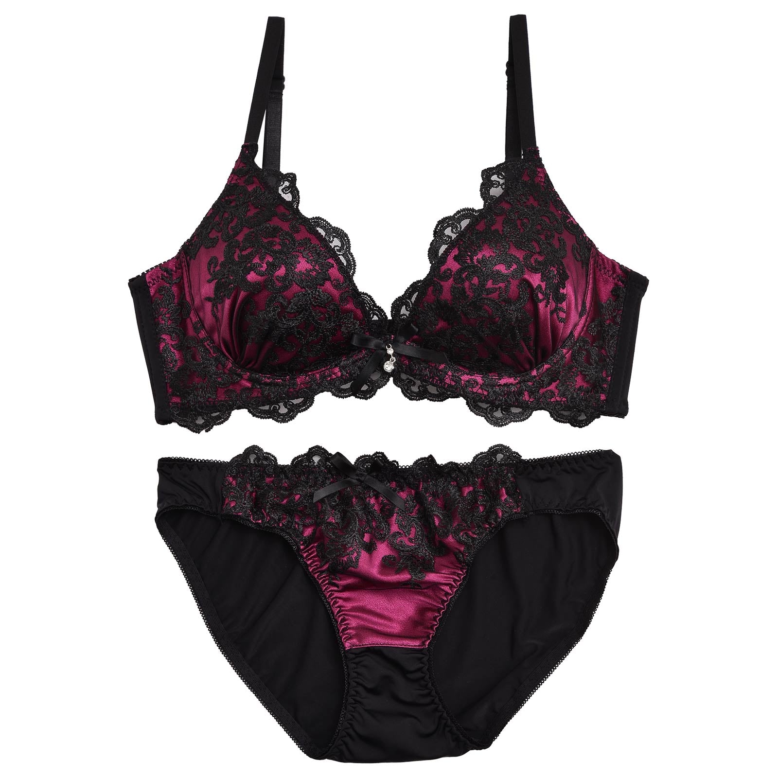 【GHサイズ】ダマスクサテンレース育乳脇高ブラジャー&フルバックショーツ - 【公式】247Lingerie