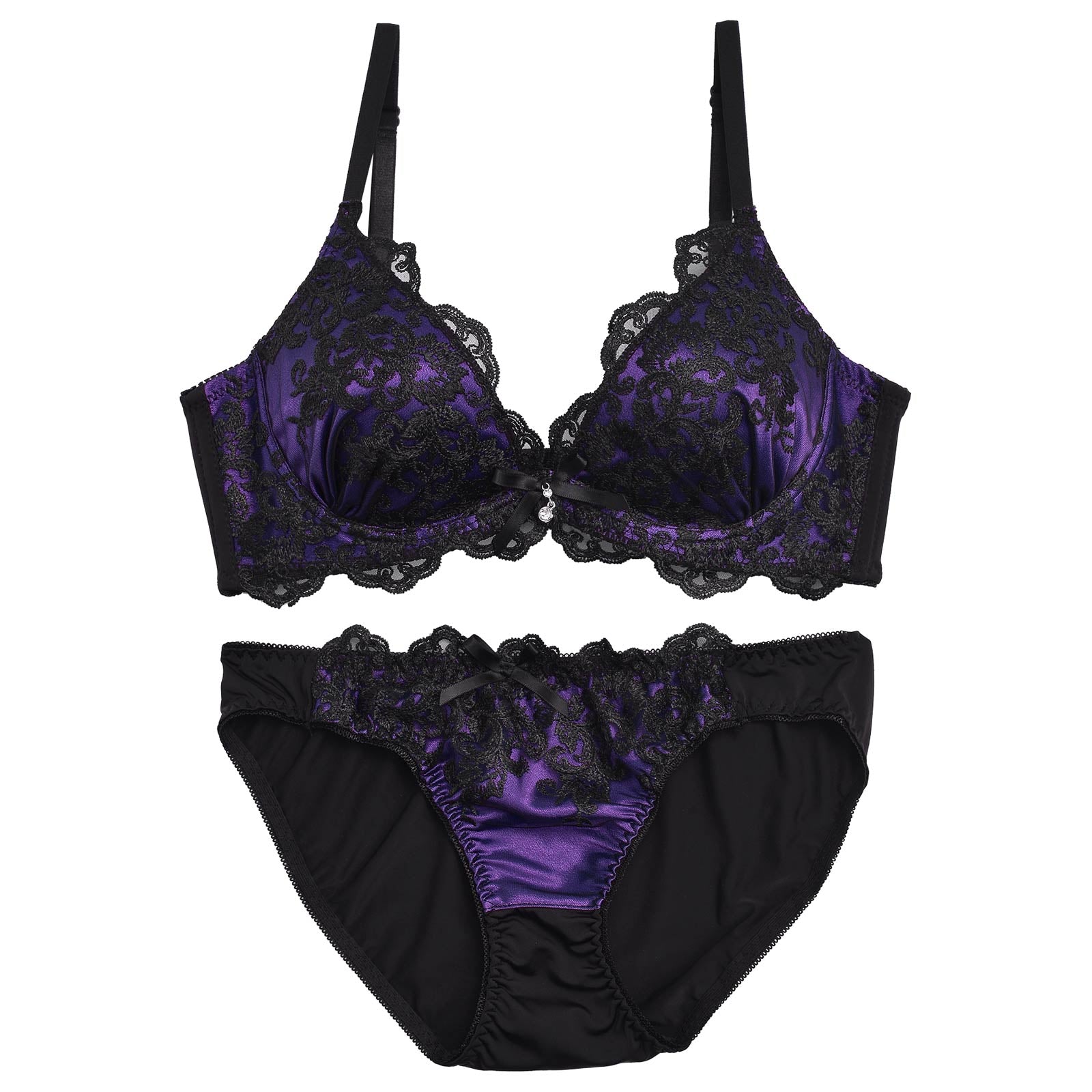 【GHサイズ】ダマスクサテンレース育乳脇高ブラジャー&フルバックショーツ - 【公式】247Lingerie