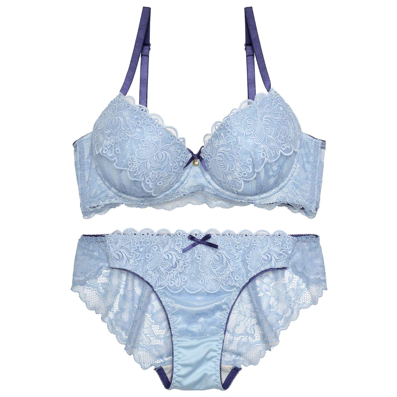 スカラップシアーダマスクフラワー育乳脇高ブラジャー&バック透けフルバックショーツ