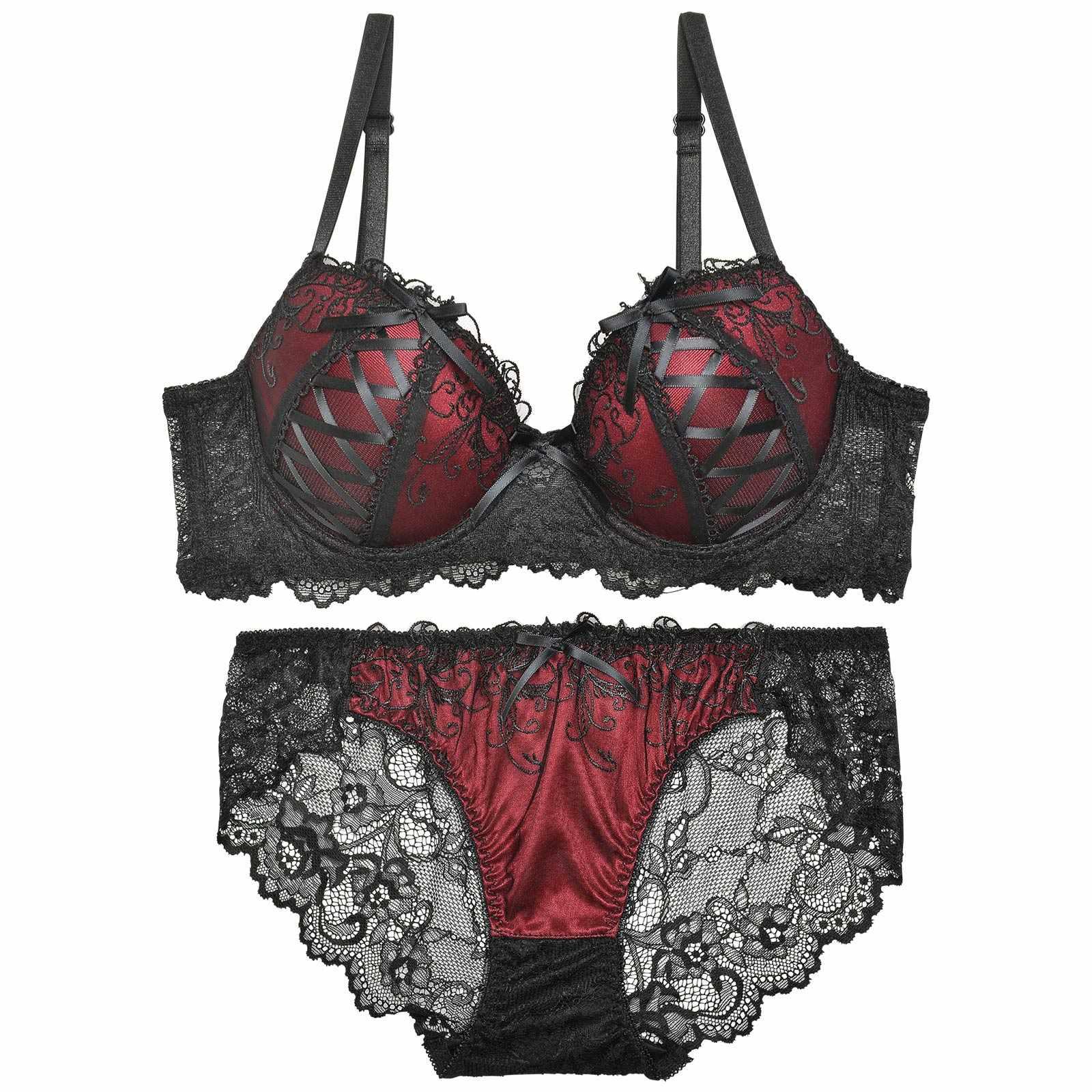 【EFサイズ】ゴシックスピンドルリボン育乳脇高ブラジャー&バック透けフルバックショーツ - 【公式】247Lingerie