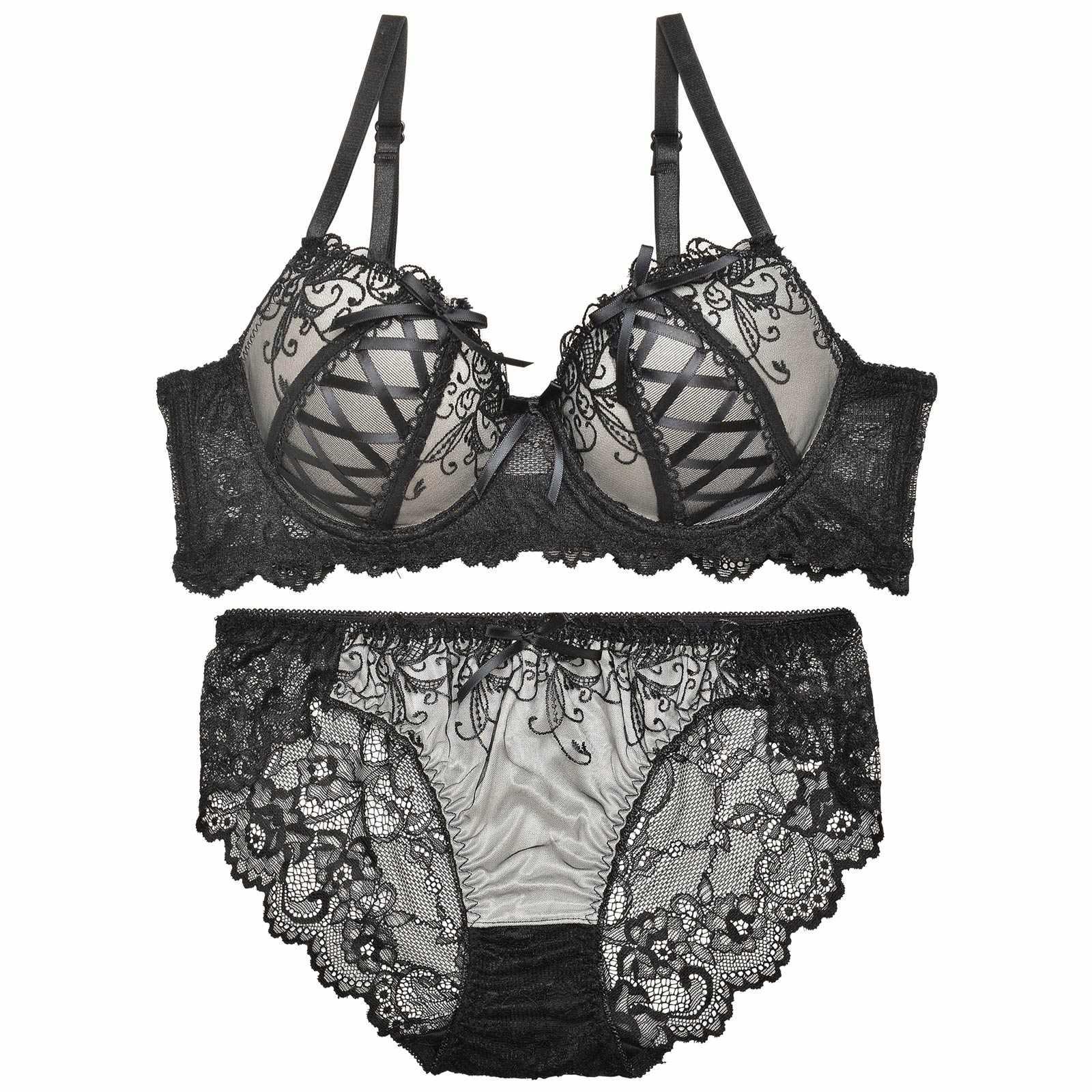 【EFサイズ】ゴシックスピンドルリボン育乳脇高ブラジャー&バック透けフルバックショーツ - 【公式】247Lingerie