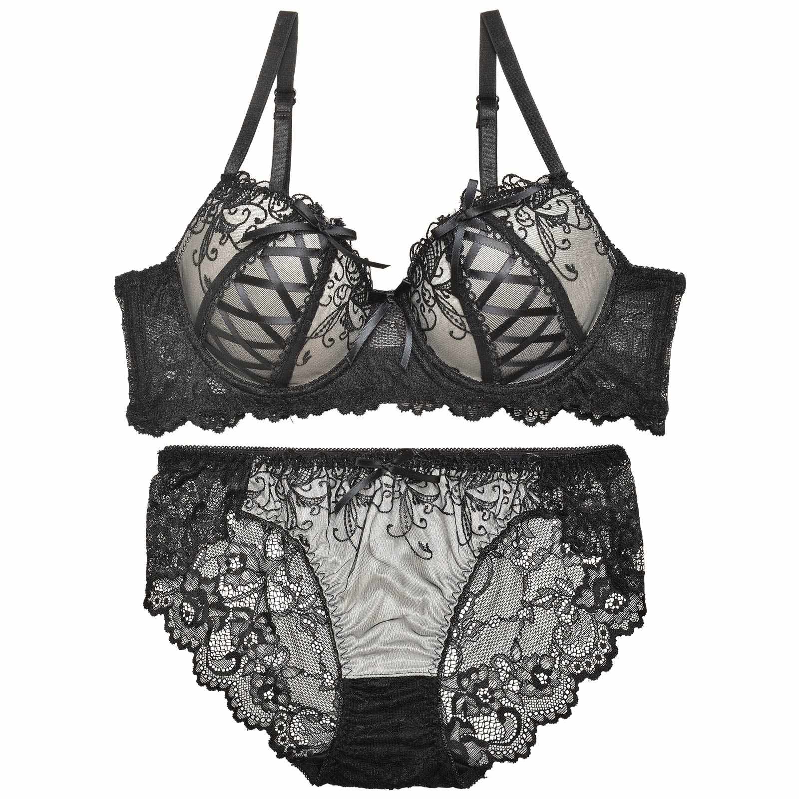 11/22再販!【EFサイズ】ゴシックスピンドルリボン育乳脇高ブラジャー&バック透けフルバックショーツ