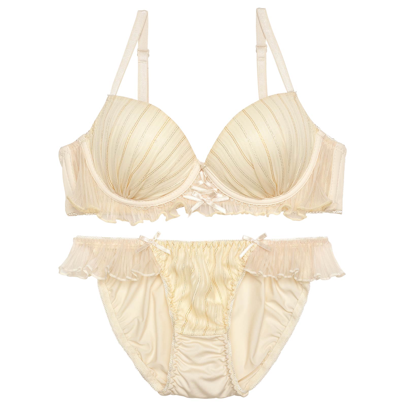 【ノンワイヤー】ガーリープリーツシフォンラメブラジャー&フルバックショーツ