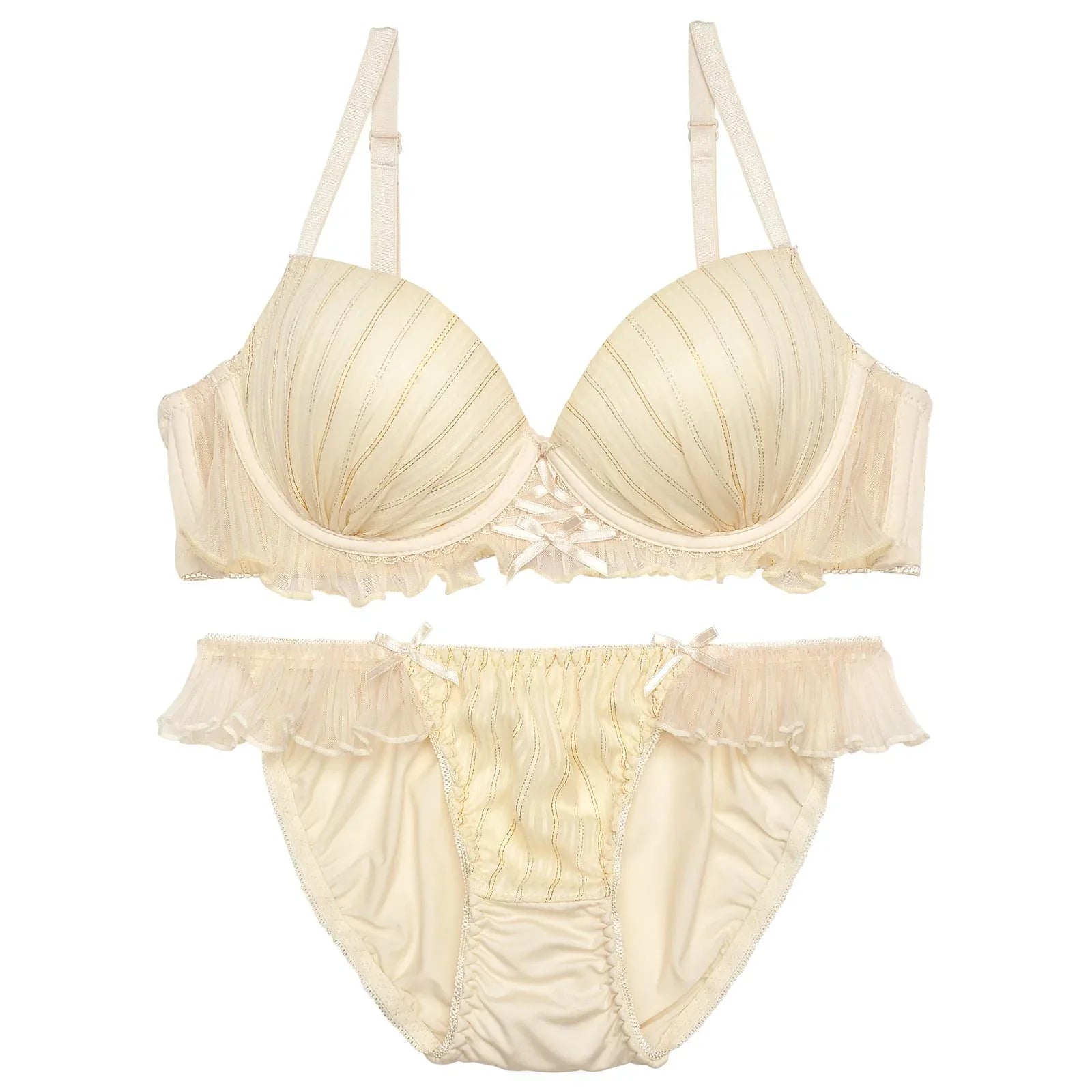 【ノンワイヤー】ガーリープリーツシフォンラメブラジャー&フルバックショーツ - 【公式】247Lingerie