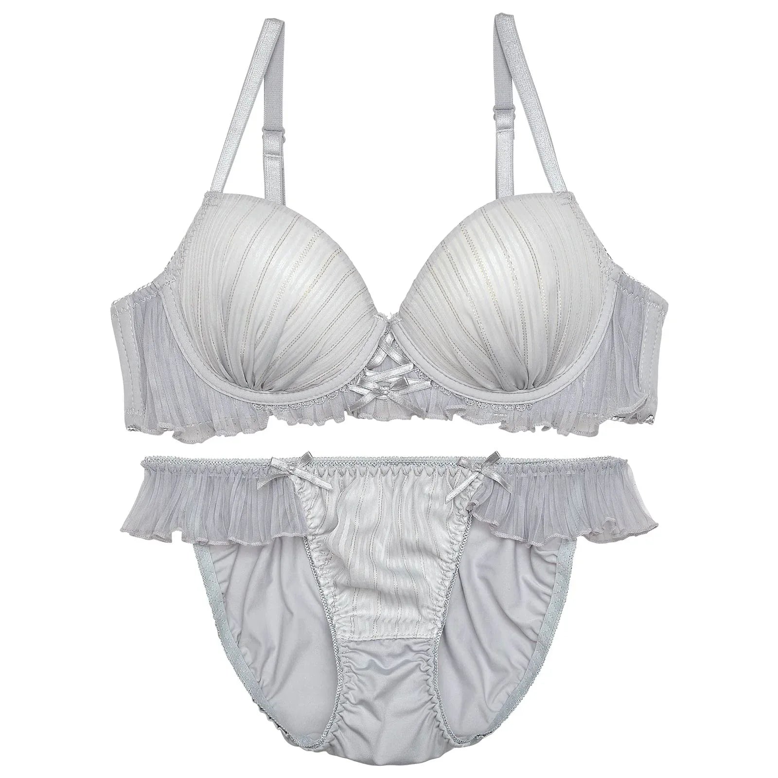 【ノンワイヤー】ガーリープリーツシフォンラメブラジャー&フルバックショーツ - 【公式】247Lingerie