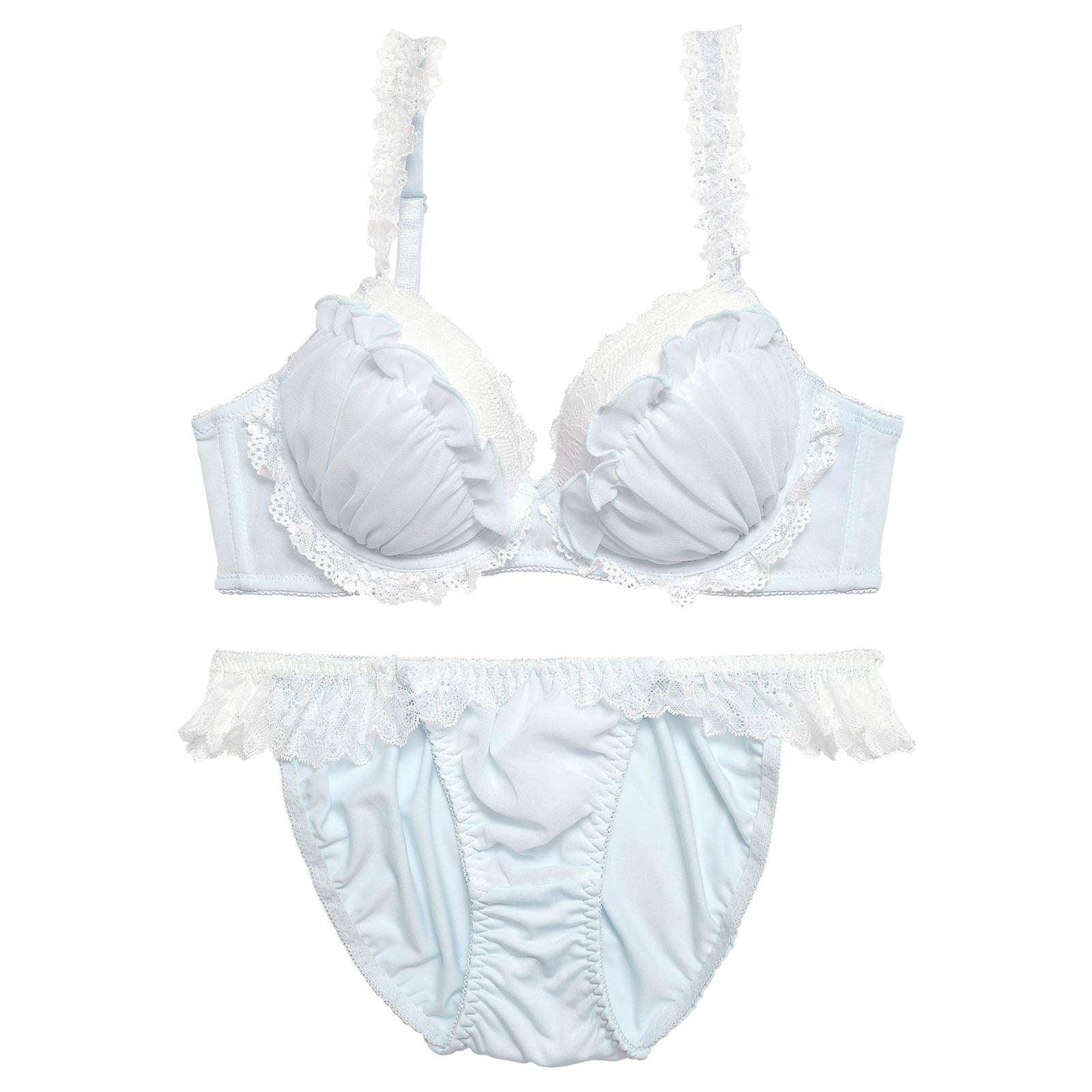 ラブリーシフォンフリル育乳脇高ブラジャー&フルバックショーツ - 【公式】247Lingerie