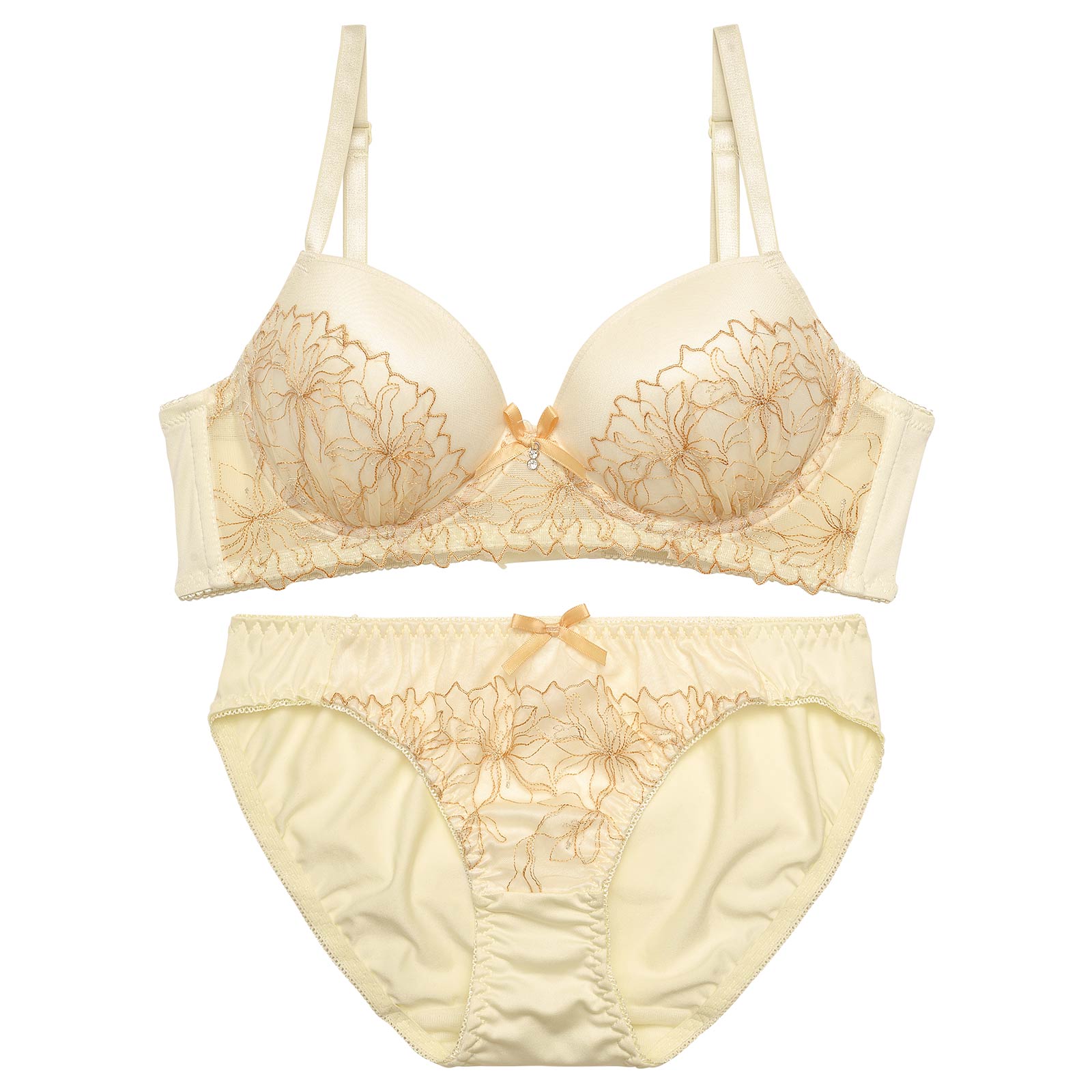【ノンワイヤー】トゥインクルペタルエンブロイダリー育乳脇高ブラジャー&フルバックショーツ