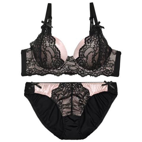 グロスシアーレースリボン育乳脇高ブラジャー&フルバックショーツ