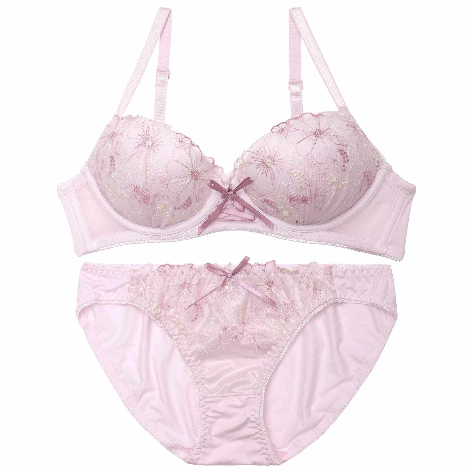 【ノンワイヤー】レースアップペールフラワーブラジャー&フルバックショーツ