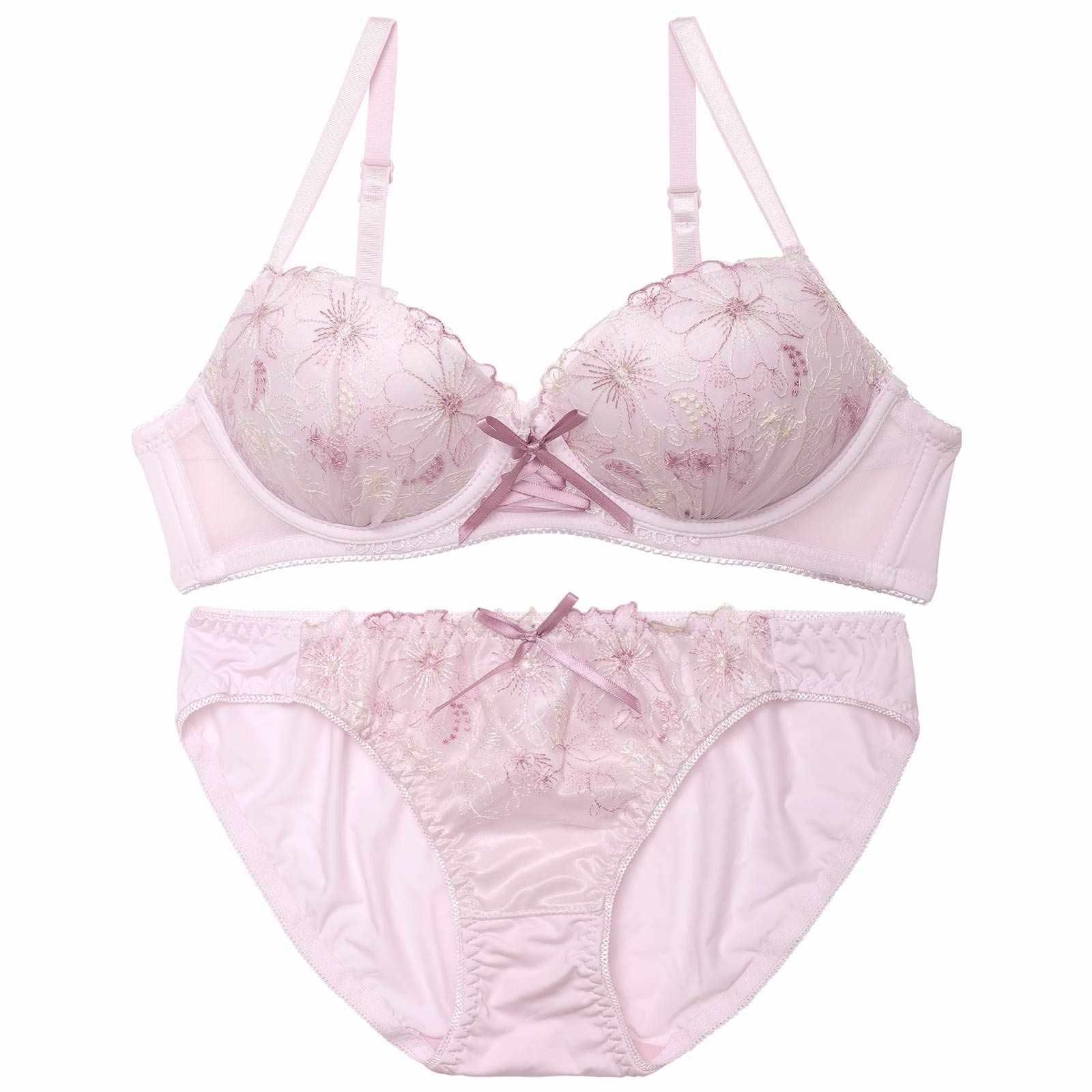 【ノンワイヤー】レースアップペールフラワーブラジャー&フルバックショーツ - 【公式】247Lingerie