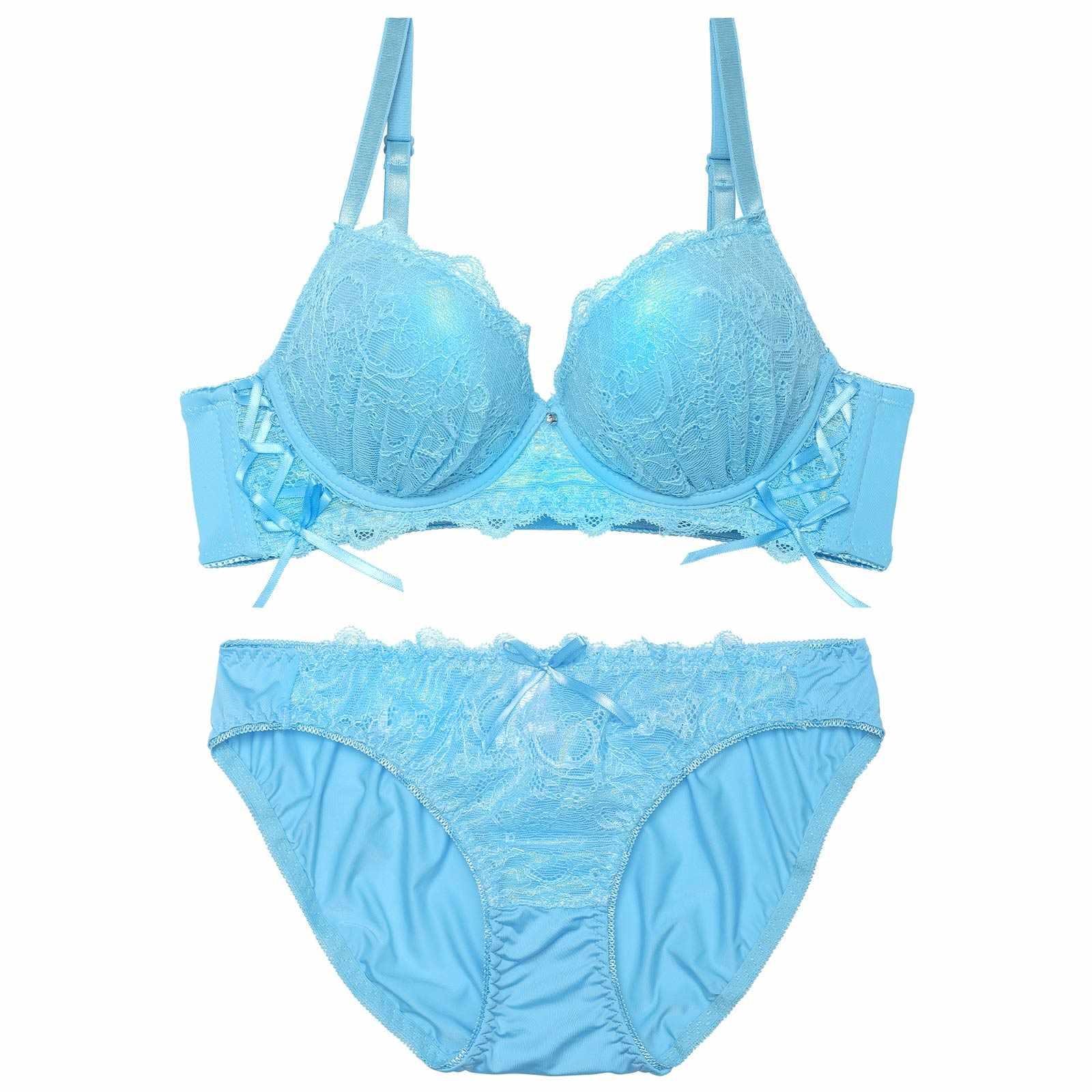 スパークルリボンレースアップ育乳脇高ブラジャー&フルバックショーツ - 【公式】247Lingerie