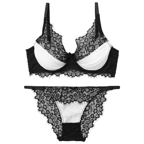 シャイニーアイラッシュレースブラジャー&バック透けフルバックショーツ