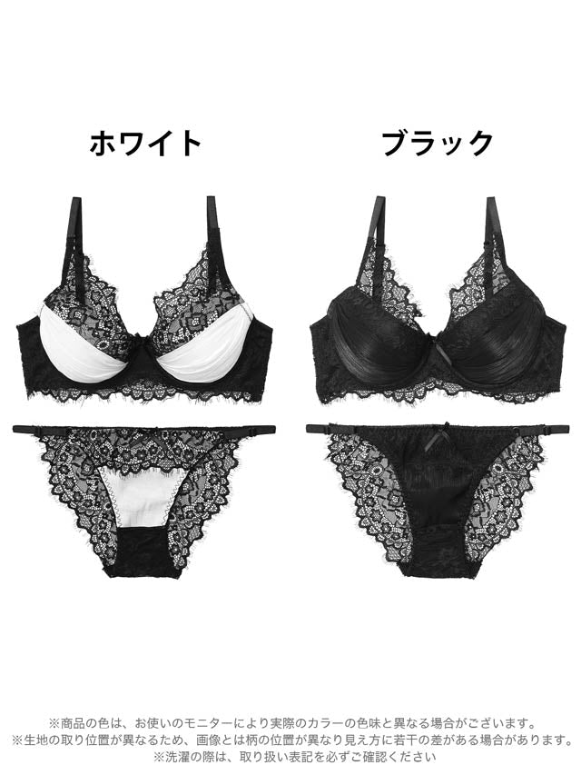 シャイニーアイラッシュレースブラジャー&バック透けフルバックショーツ