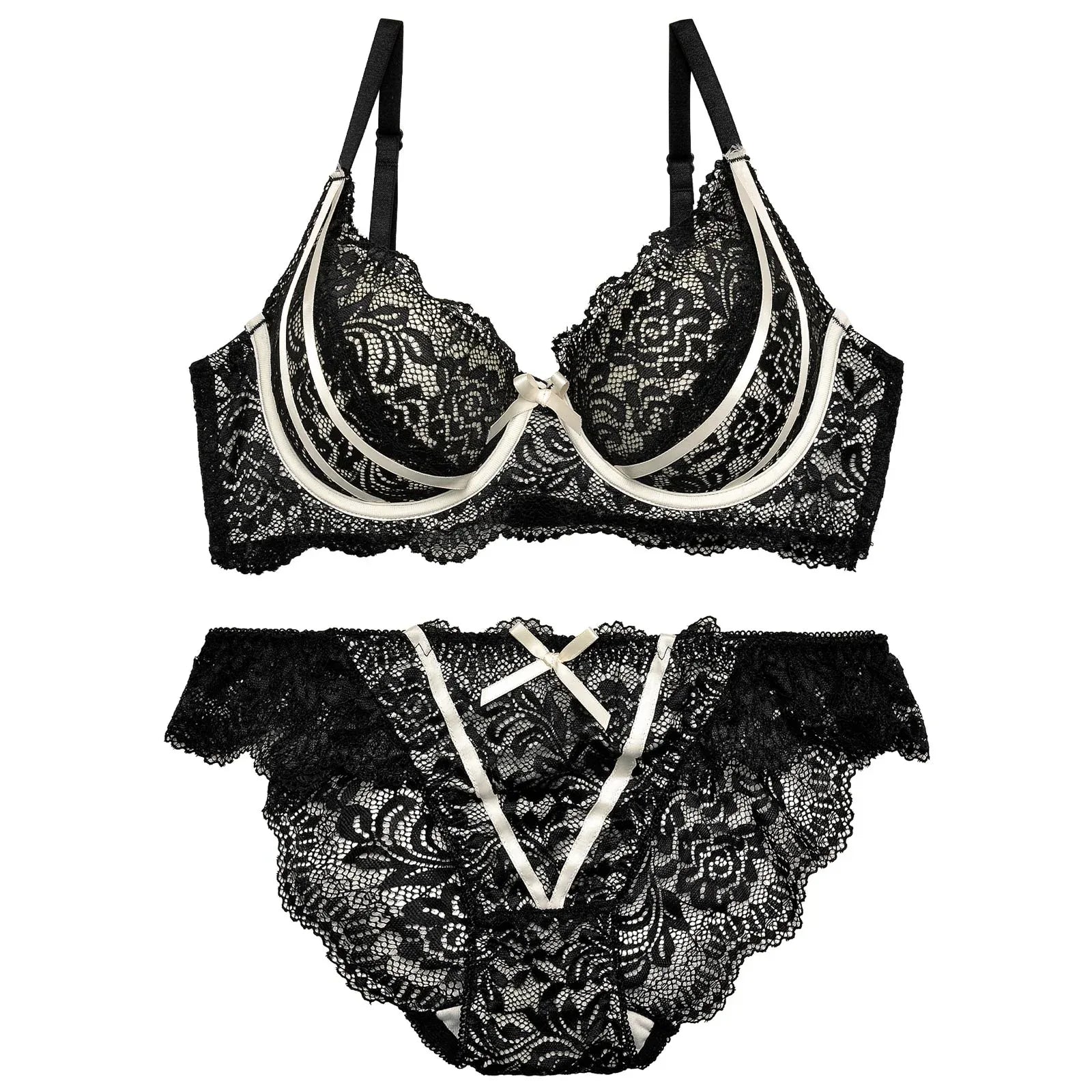 【三上悠亜着用】【EFサイズ】ガーリーローズレーシィリボンライン育乳脇高ブラジャー&バック透けフルバックショーツ - 【公式】247Lingerie