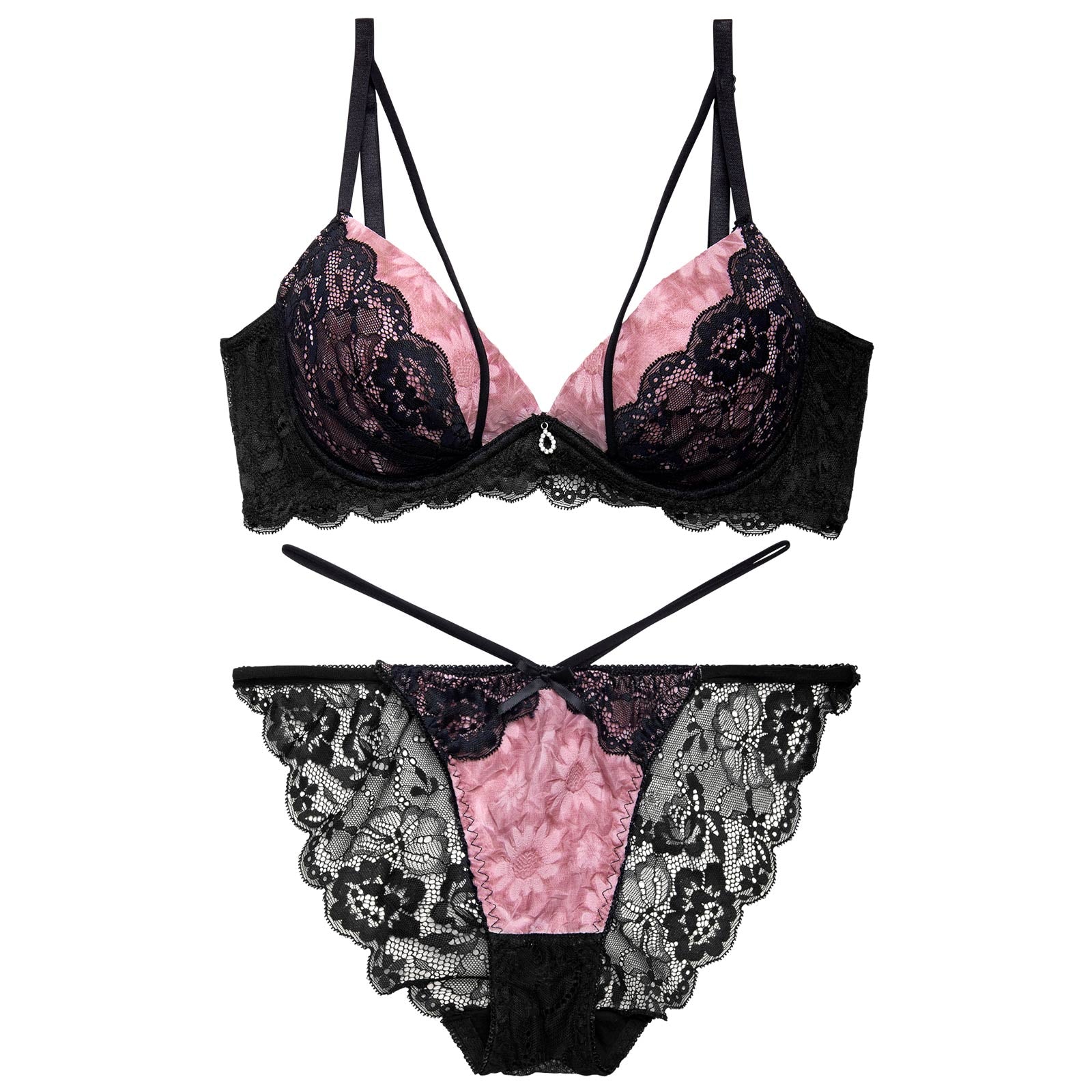 【かとゆり着用】スカラップフルールコード育乳脇高ブラジャー&バック透けフルバックショーツ