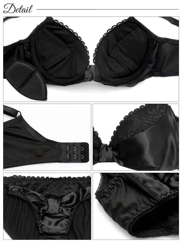ビターサテンリボン育乳脇高ブラジャー&フルバックショーツ - 【公式】247Lingerie