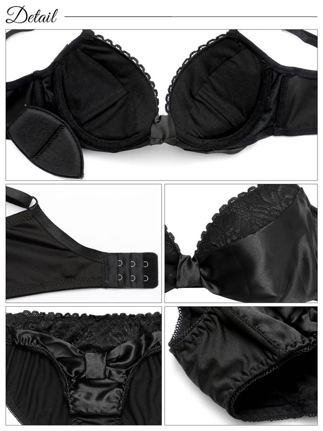【EFサイズ】ビターサテンリボン育乳脇高ブラジャー&フルバックショーツ
