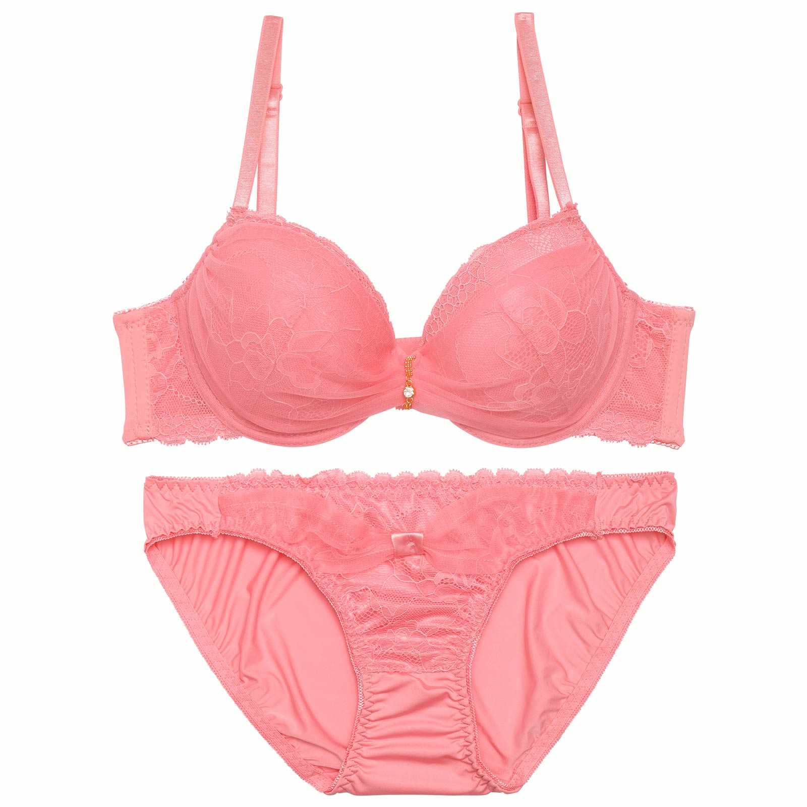 【EFサイズ】チュールリボンチェーン育乳脇高ブラジャー&フルバックショーツ