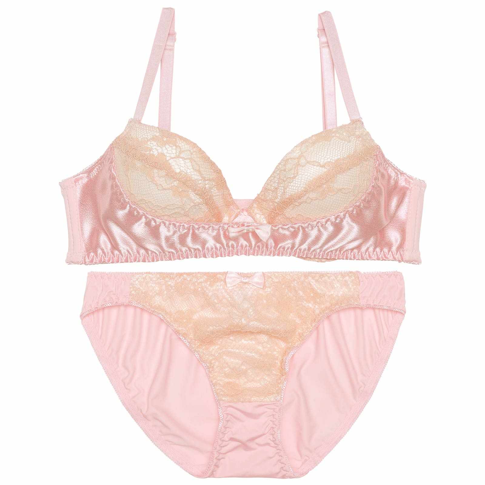フェミニンサテンフルーレット育乳脇高ブラジャー&フルバックショーツ