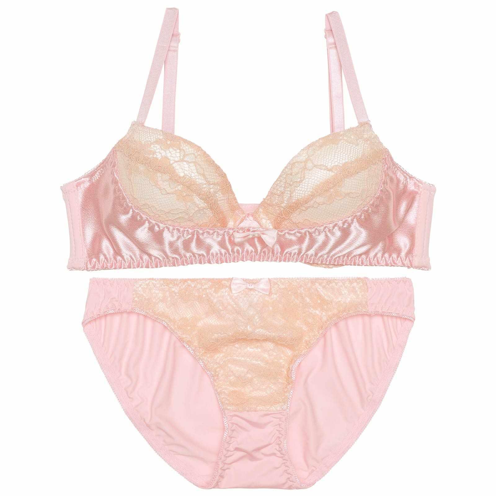 フェミニンサテンフルーレット育乳脇高ブラジャー&フルバックショーツ - 【公式】247Lingerie