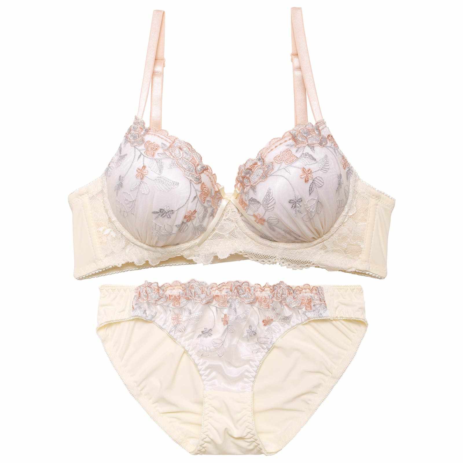 【ノンワイヤー】ブルームレースエンブロイダリーブラジャー&フルバックショーツ