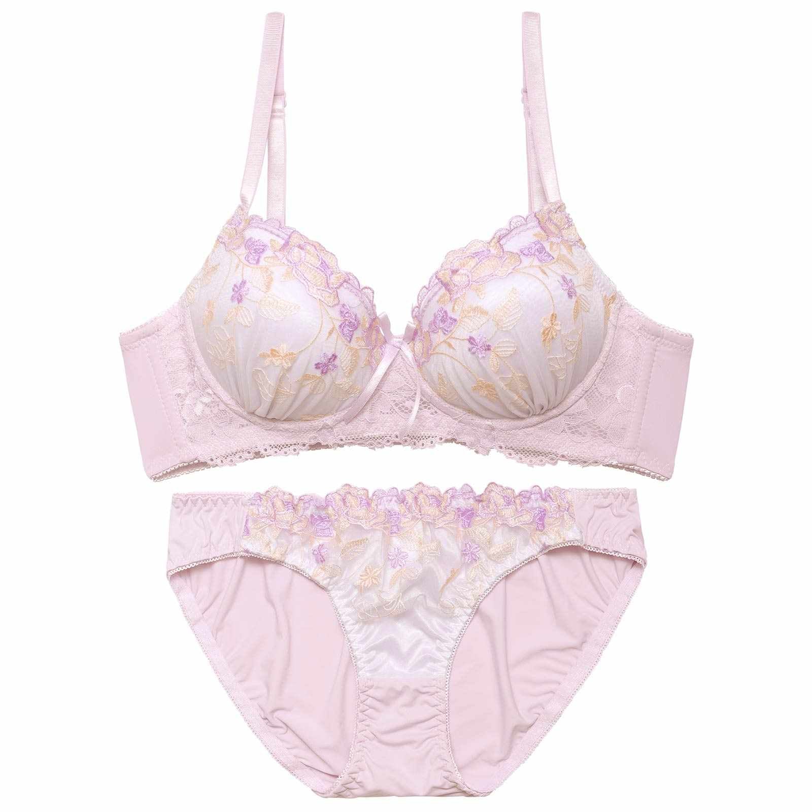 【ノンワイヤー】ブルームレースエンブロイダリーブラジャー&フルバックショーツ