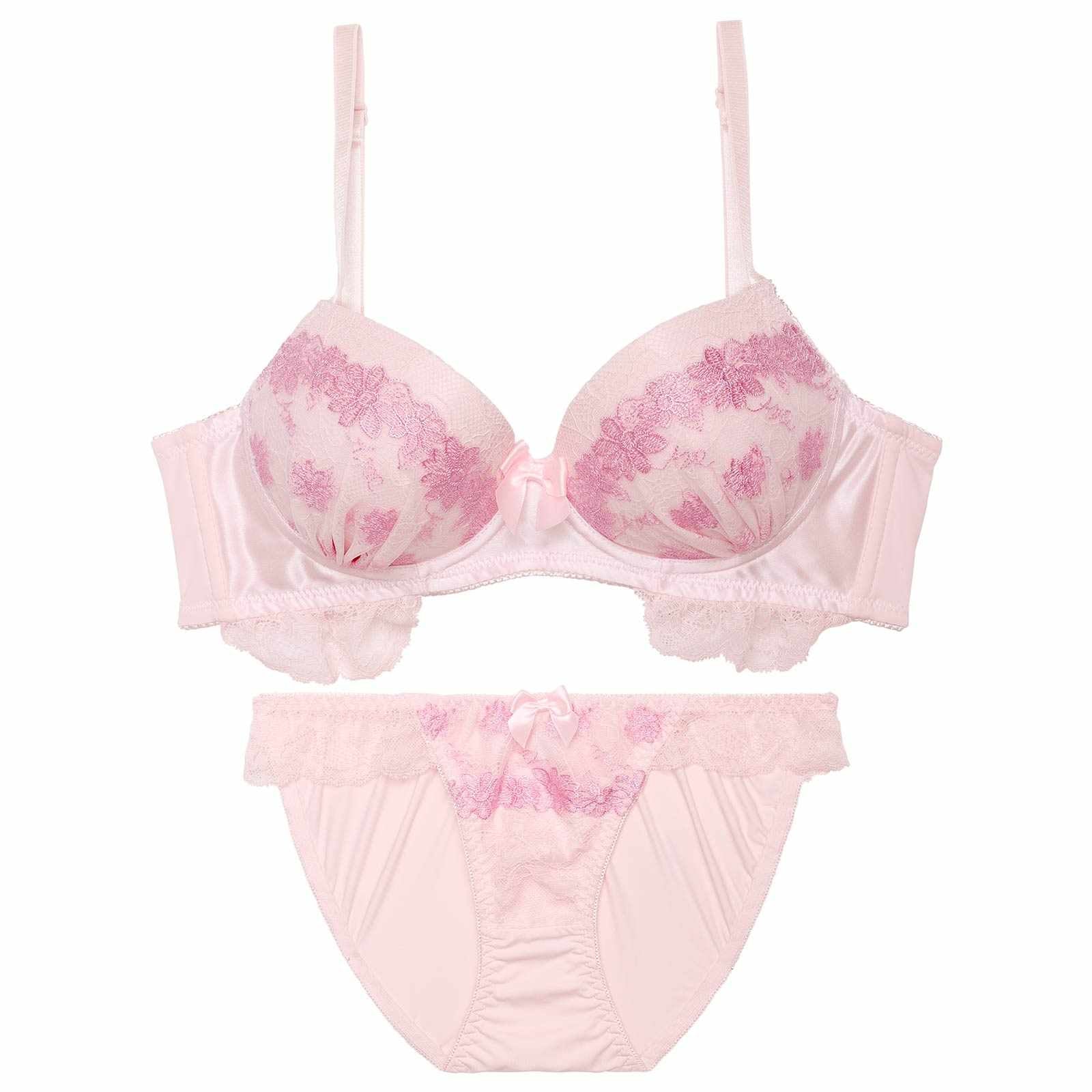 【ノンワイヤー】パステルレーシィマーガレット育乳脇高ブラジャー&フルバックショーツ