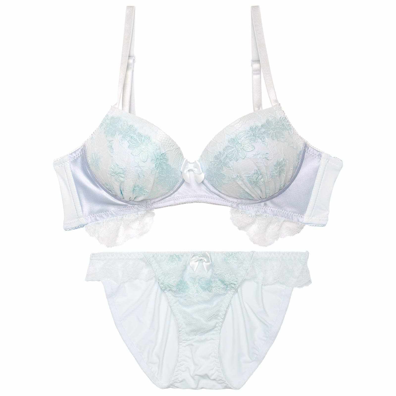 【ノンワイヤー】パステルレーシィマーガレット育乳脇高ブラジャー&フルバックショーツ