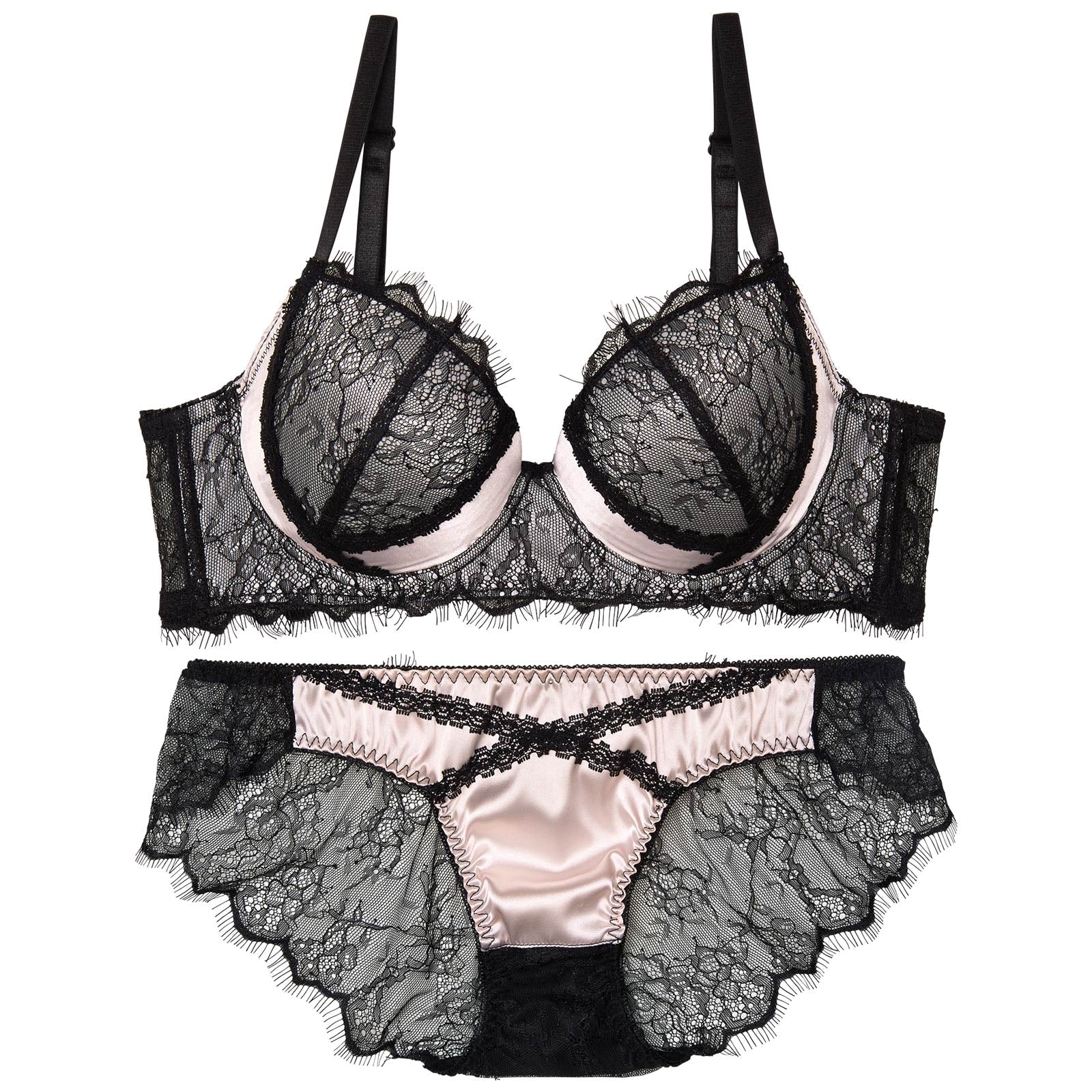 【かとゆり着用】パステルサテンクロスレーシィ育乳脇高ブラジャー&バック透けフルバックショーツ