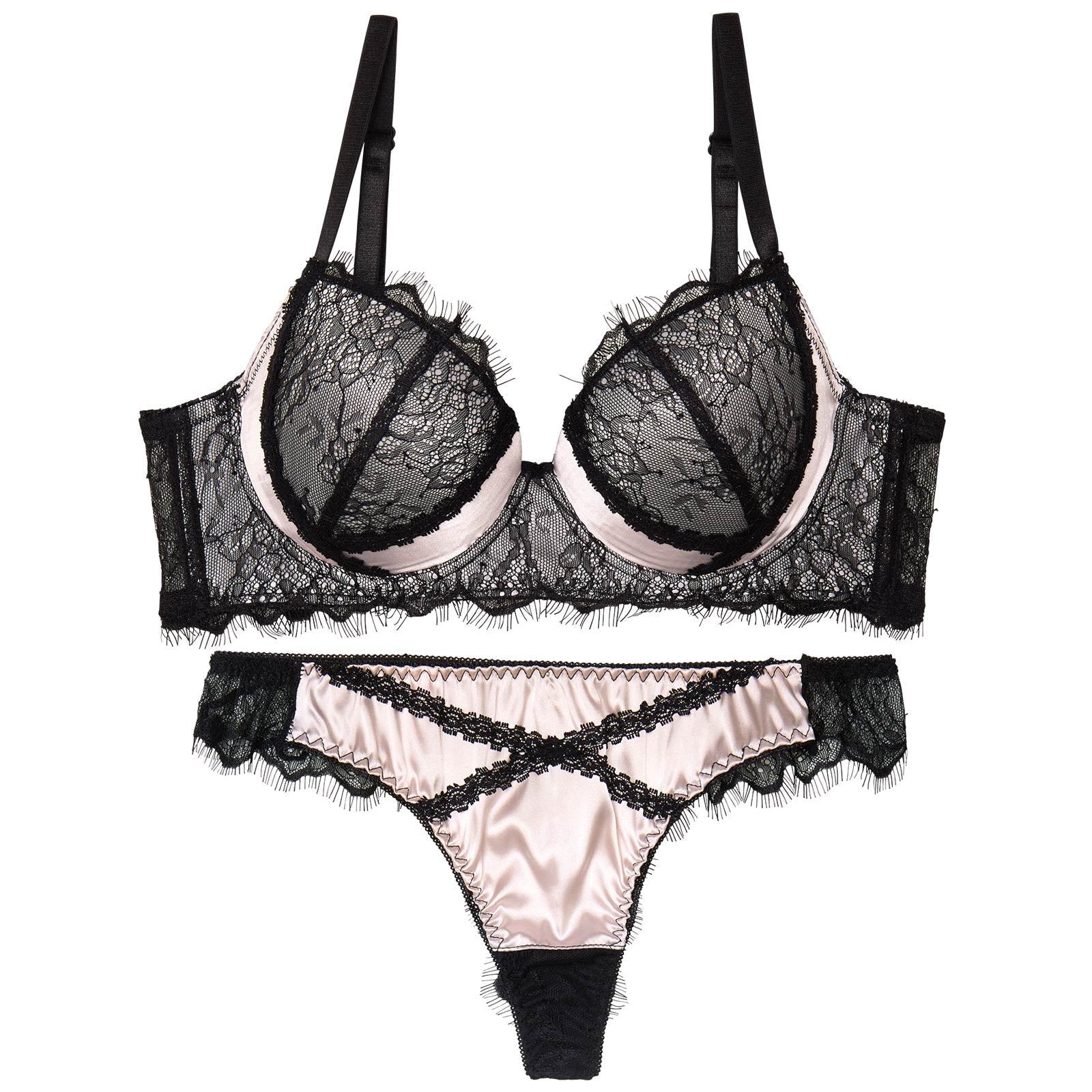 【かとゆり着用】パステルサテンクロスレーシィ育乳脇高ブラジャー&バック透けTバックショーツ