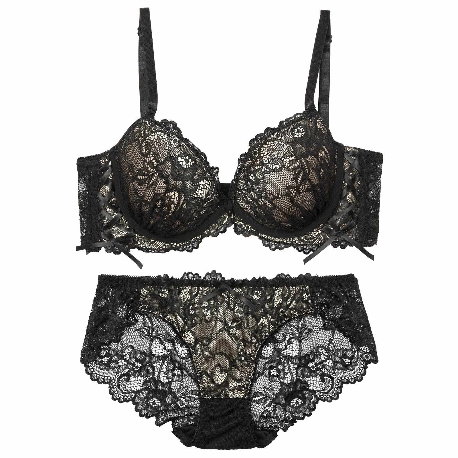 ルミナスフラワーレースアップ育乳脇高ブラジャー&バック透けフルバックショーツ