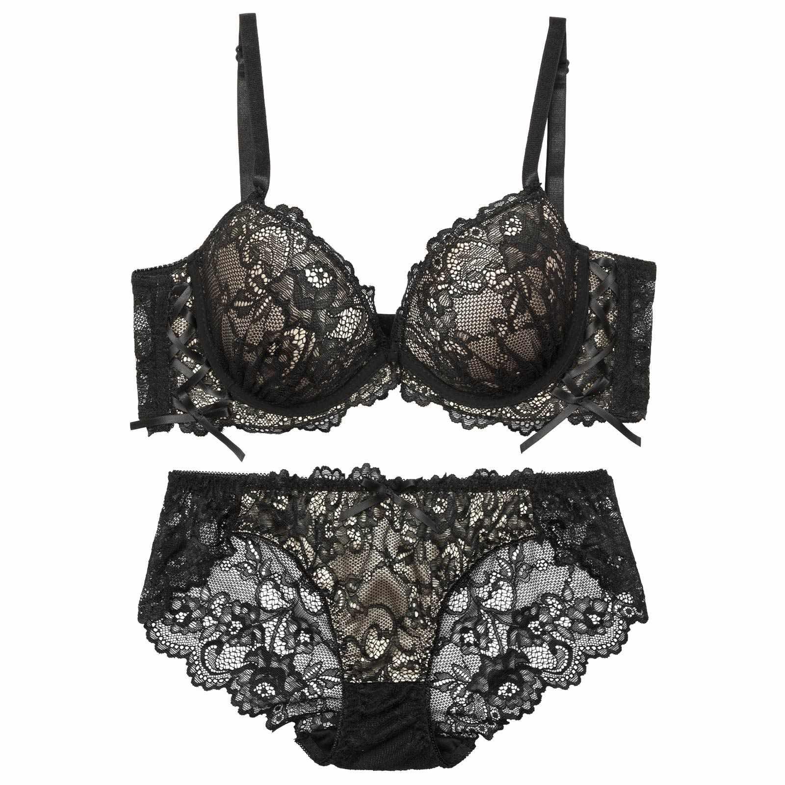 ルミナスフラワーレースアップ育乳脇高ブラジャー&バック透けフルバックショーツ - 【公式】247Lingerie