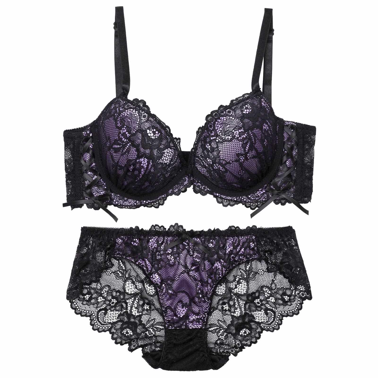 ルミナスフラワーレースアップ育乳脇高ブラジャー&バック透けフルバックショーツ