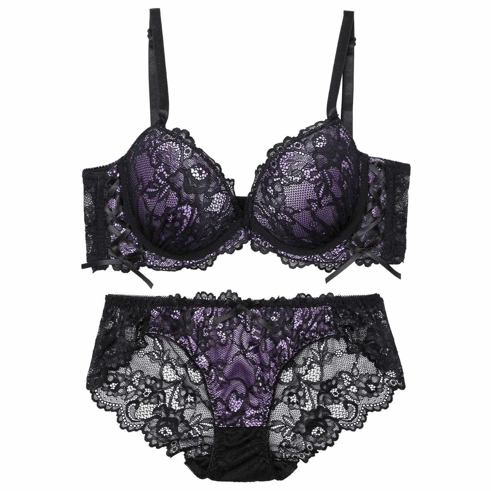 ルミナスフラワーレースアップ育乳脇高ブラジャー&バック透けフルバックショーツ - 【公式】247Lingerie