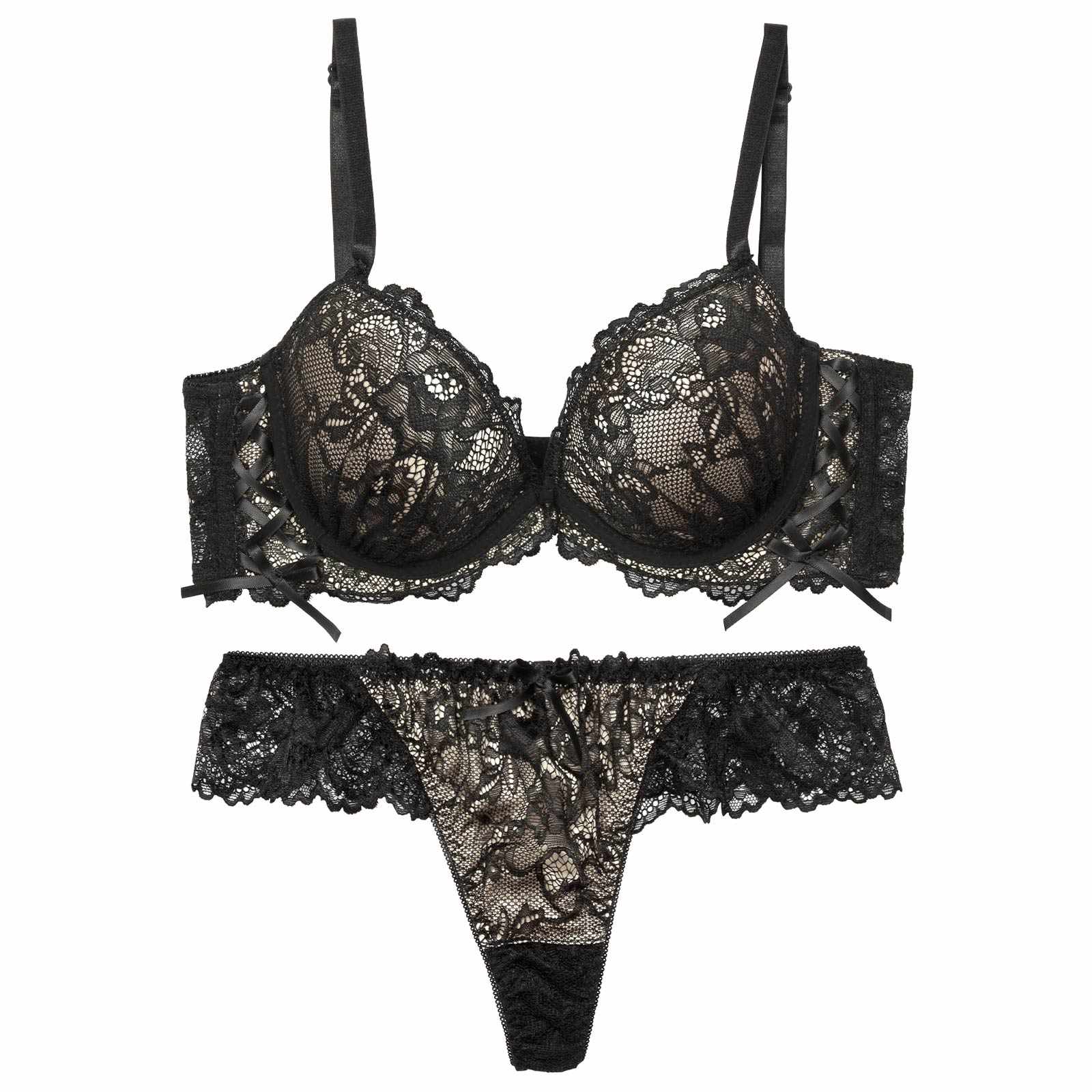 ルミナスフラワーレースアップ育乳脇高ブラジャー&バック透けTバックショーツ